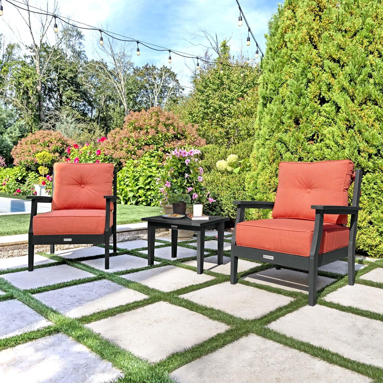 Blushing Bay 3 Pc Recycled Plastic Seating Set in Canvas Persimmon/Black by Lakeview Outdoor Designs - Angled Right - Lifestyle thumbnail