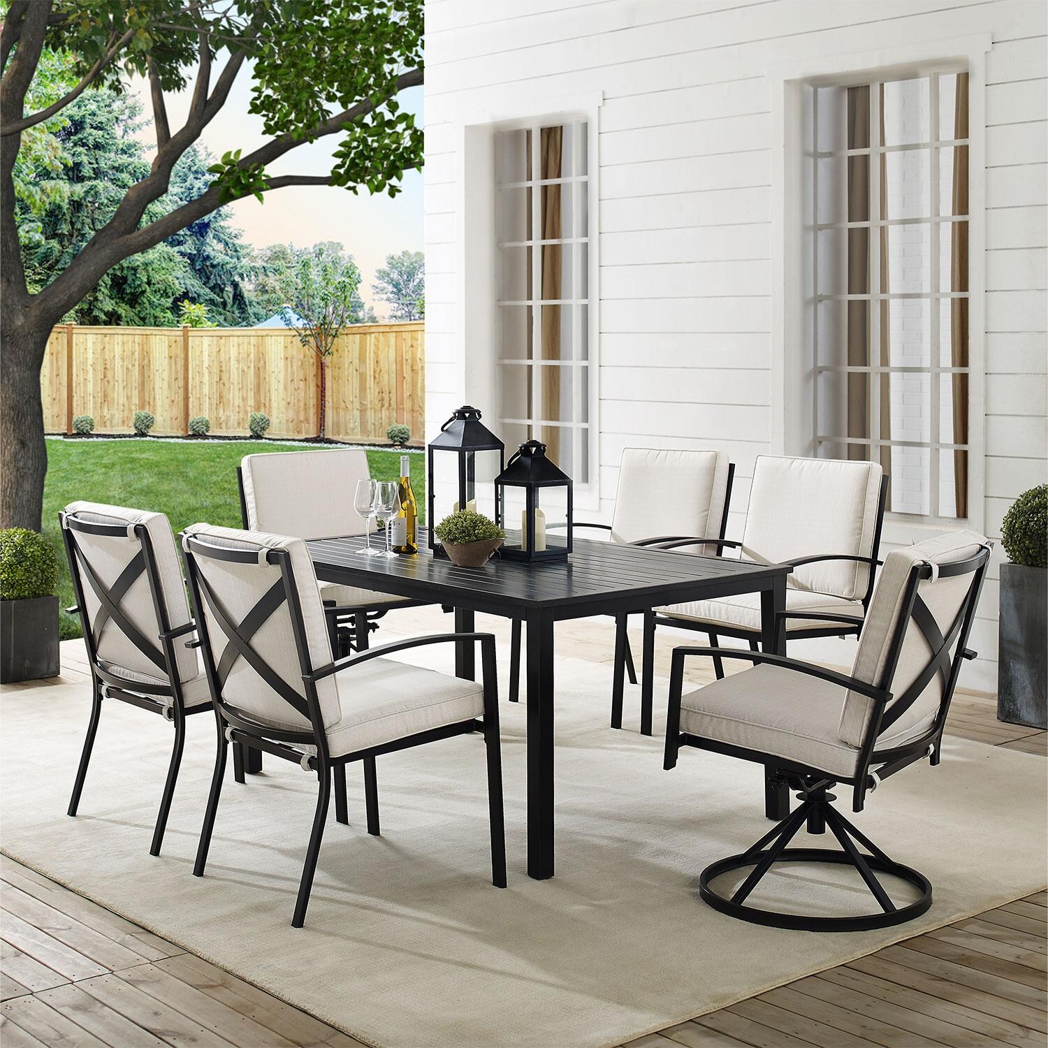 Ultimate Patio UP-82256BZ-OL 7Pc Outdoor Dining Set in Oatmeal W/ Dining Chairs & Swivel Chairs - On Patio - Lifestyle thumbnail