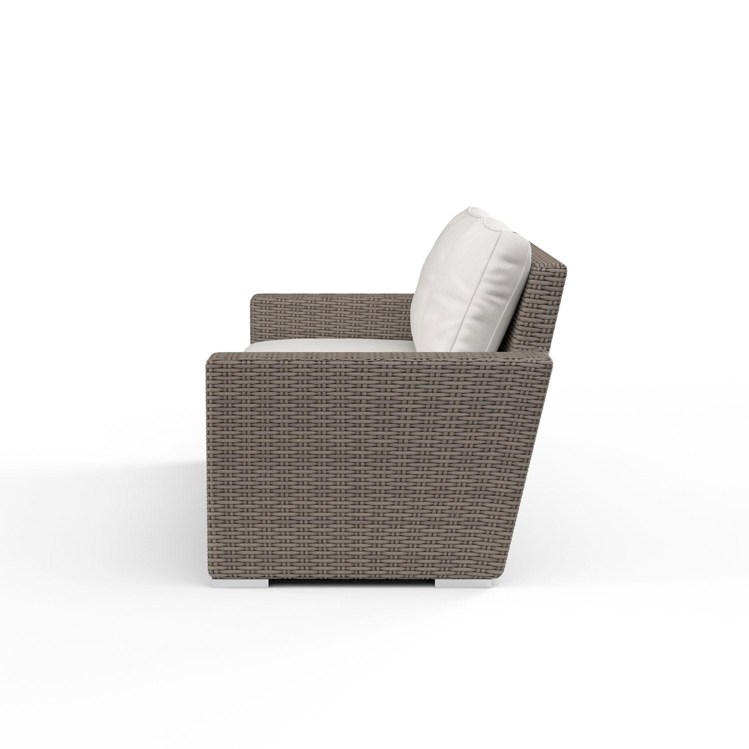 Coronado Wicker Patio Loveseat W/ Sunbrella Canvas Flax Cushions By Sunset West - Side View - White Background thumbnail