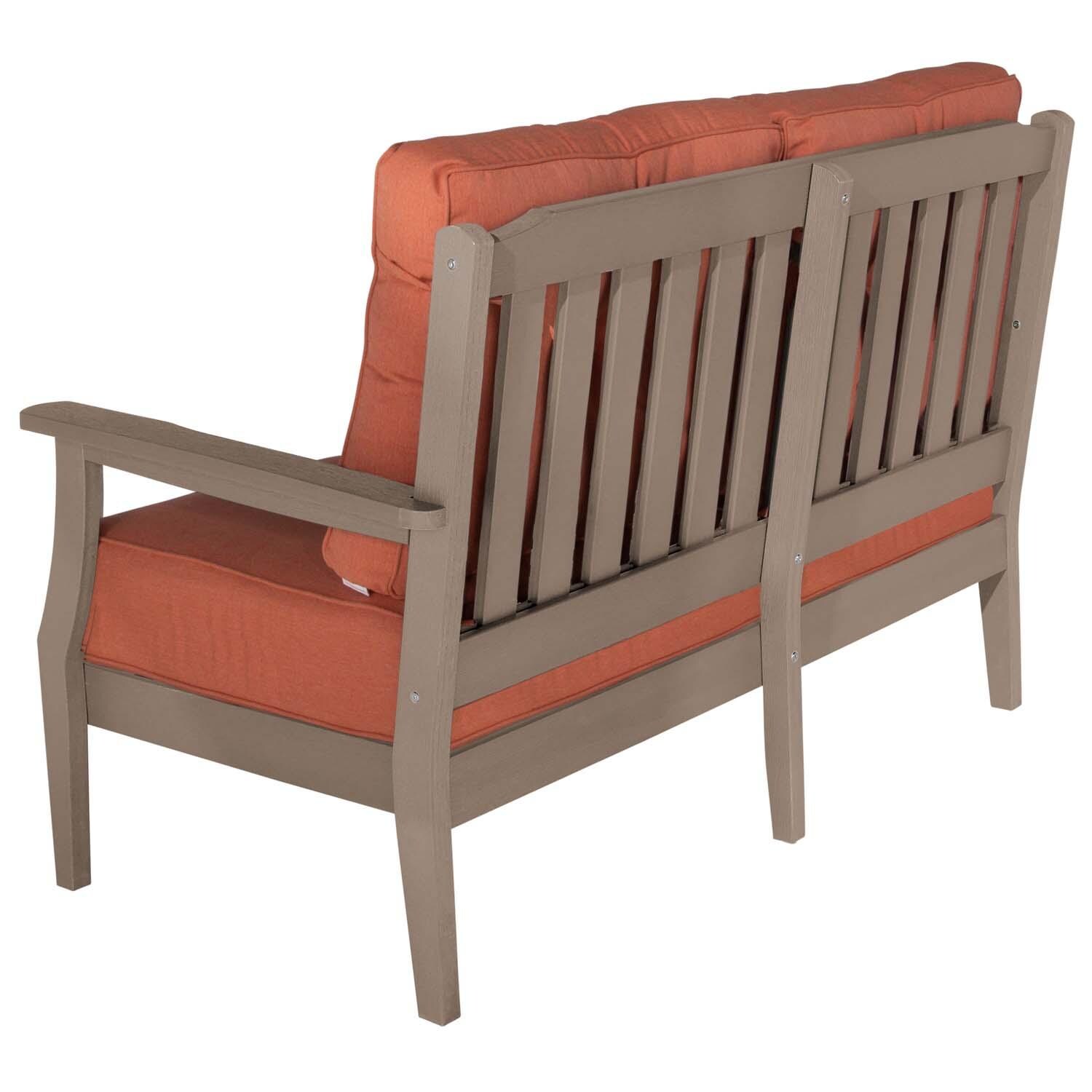 Blushing Bay 2 Person Recycled Plastic Loveseat in Canvas Persimmon/Woodland Brown by Lakeview Outdoor Designs - Back View - White Background thumbnail