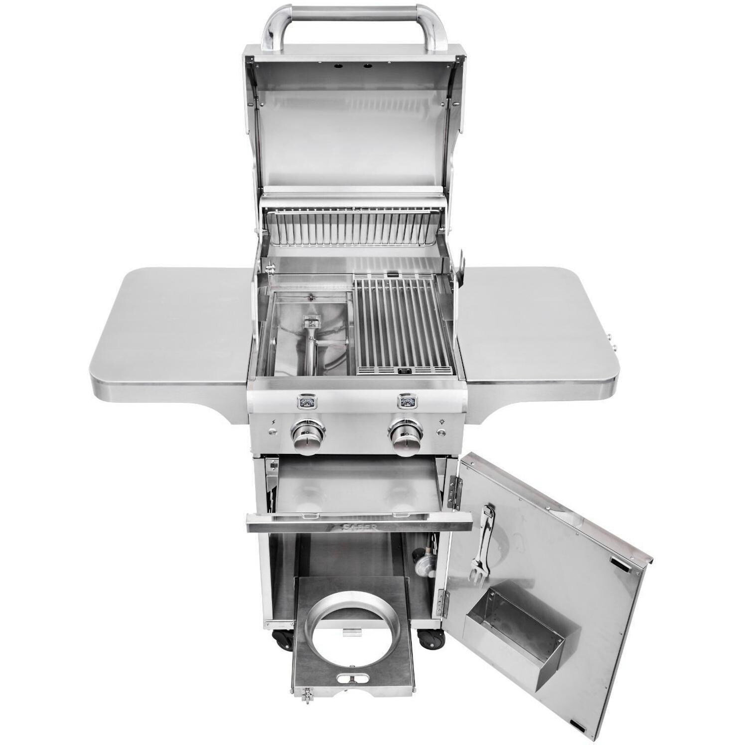 Saber Elite 1330 20-Inch Grill Open To Show Cooking Grate, Burner Sytem, Rotisserie, Tank Tray & Condiment Rack thumbnail