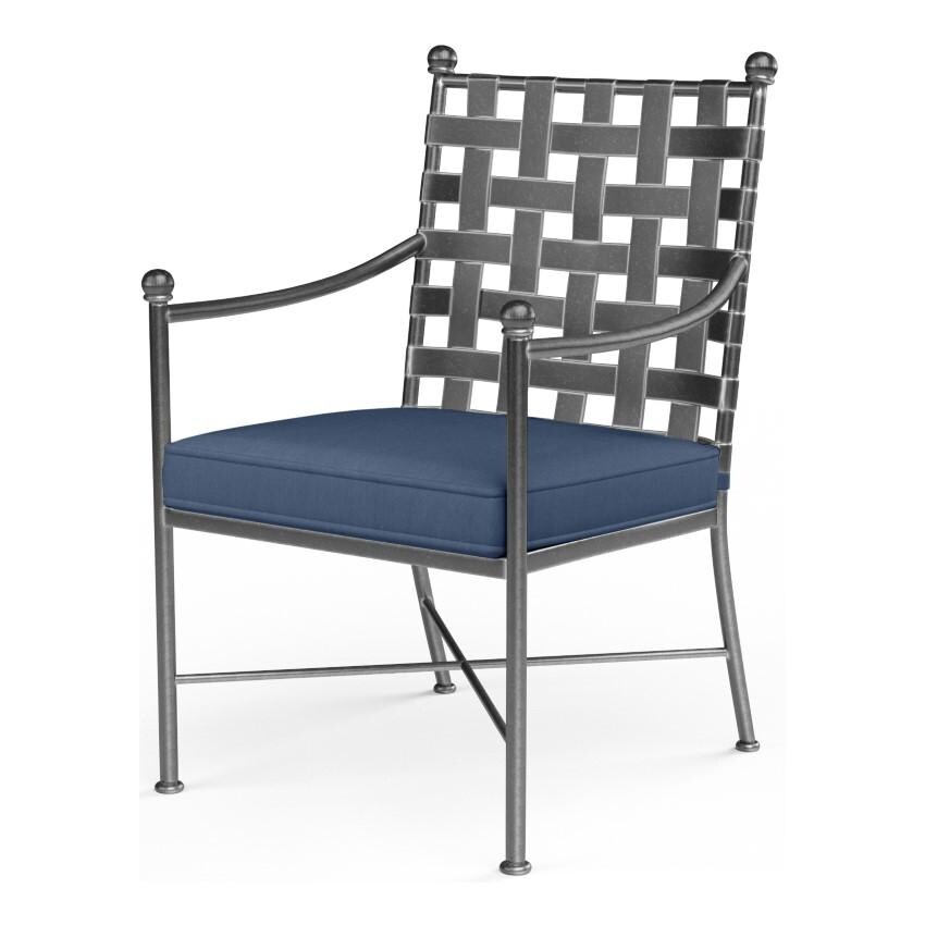 Provence Wrought Iron Dining Arm Chair w/ Self Welt in Pewter/Spectrum Indigo by Sunset West - White Background thumbnail