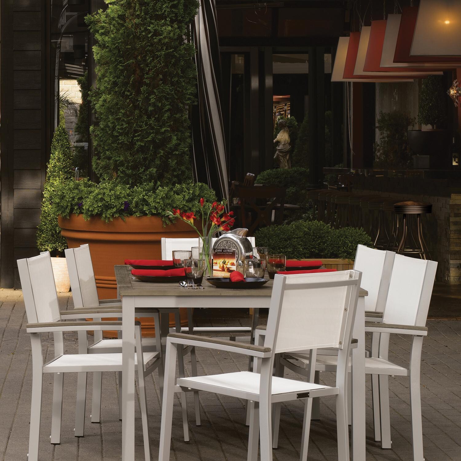 Oxford Garden Travira 4 Pc Composite Sling & Aluminum Dining Chair W/ Vintage Tekwood Arm Caps in Flint/Natural - Cafe thumbnail