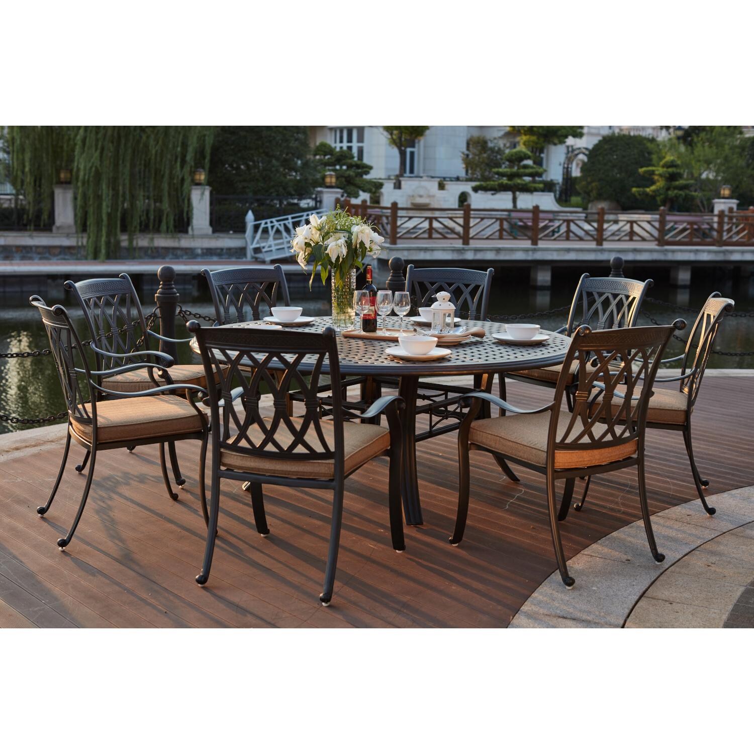 Darlee 201660-9PC-99LD Capri 9 Piece Cast Aluminum Patio Dining Set W/ 71 Inch Round Table - Lifestyle thumbnail