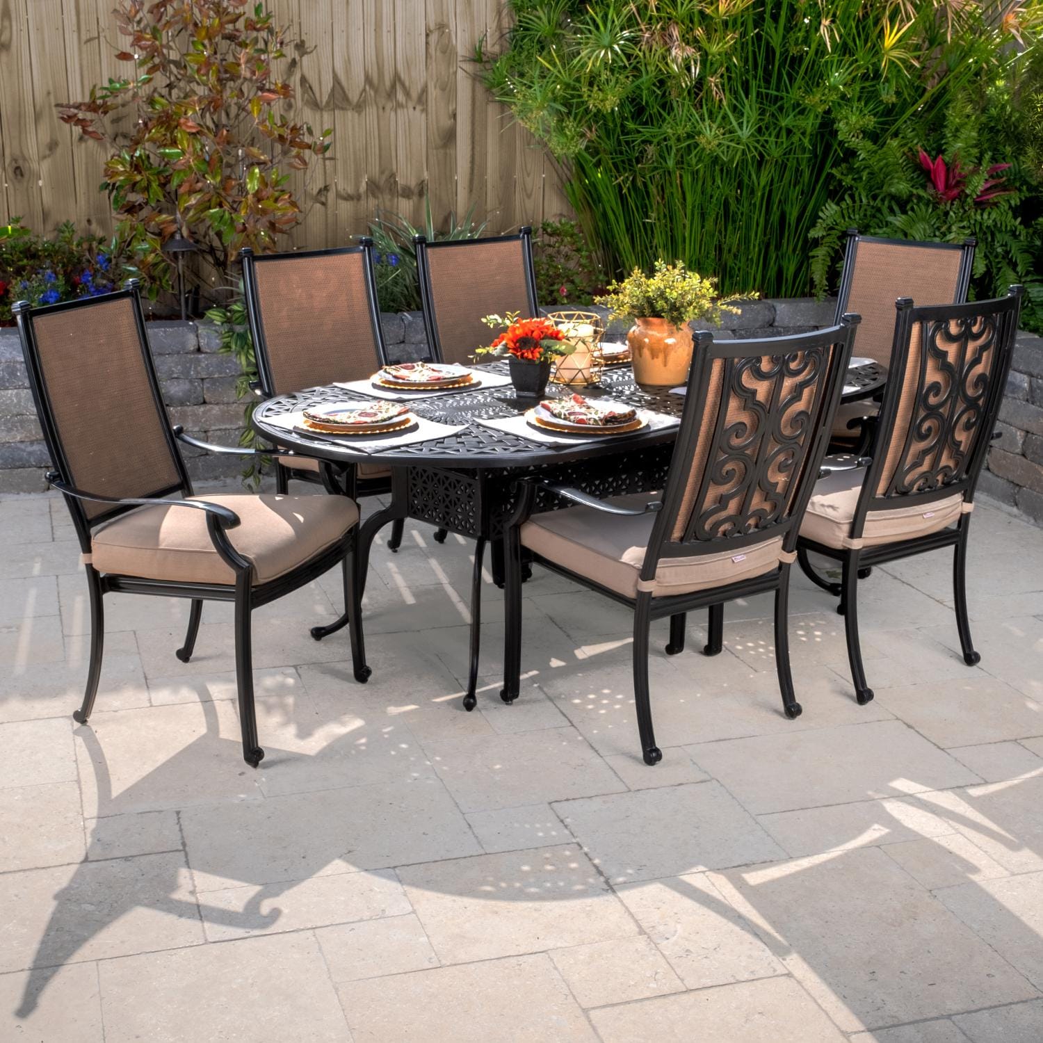 Bocage 7 Piece Cast Aluminum Sling Patio Dining Set W/ 84 X 42 Inch Oval Table & Sunbrella Heather Beige Cushions By Lakeview Outdoor Designs