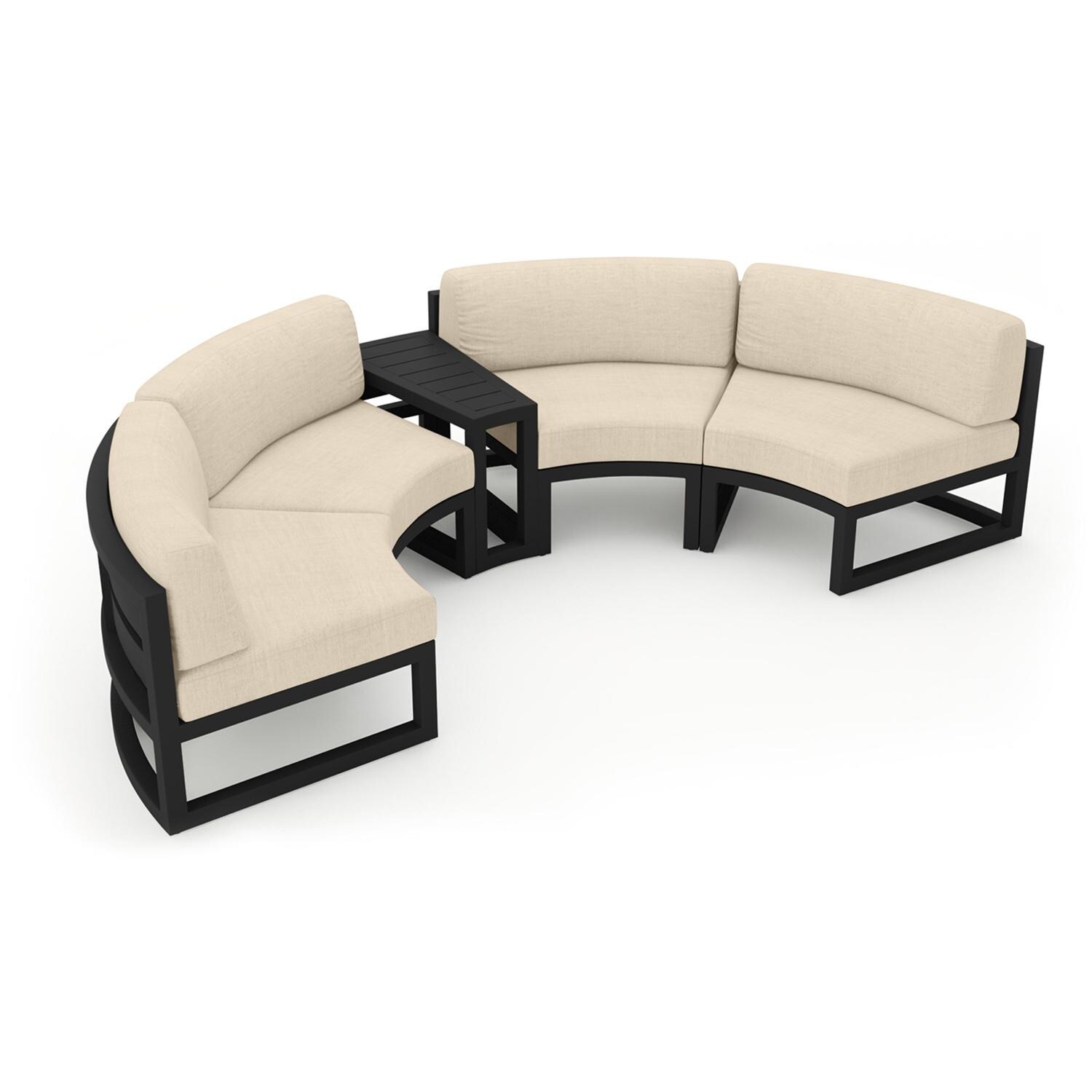 Lakeview MSTYCV-BK-3CSEC-CF Misty Cove 3 Pc Aluminum Curve Sectional Set in Black w/Wedge End Table & Canvas Flax Cushions by Lakeview Outdoor Designs - Set Angled View - White Background thumbnail