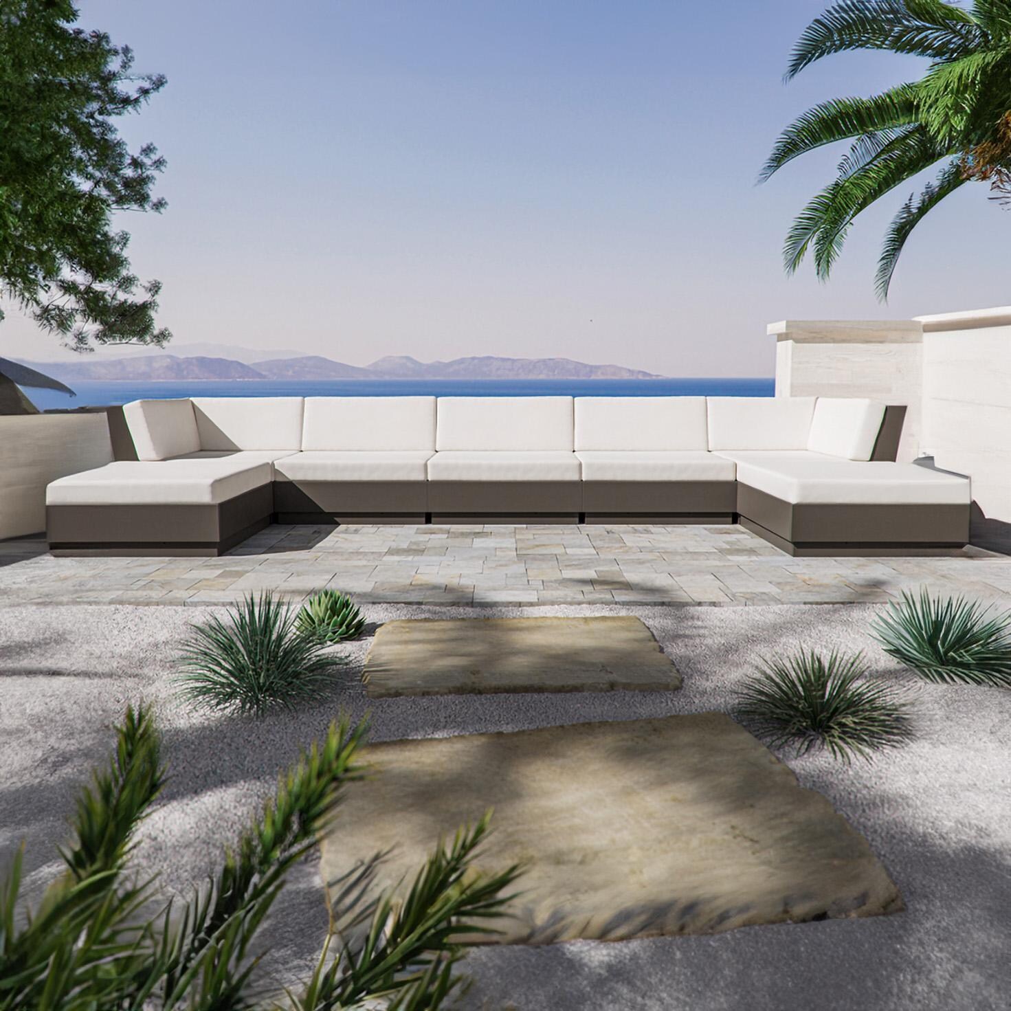 PW Designer Series PWS850-2-VSH145982 Elevate 7 Pc Recycled Plastic Double Chaise Seating Set in Vintage Sahara/Weathered Tweed - On the Patio (Shown in Vintage Coffee/Dune Burlap) - Lifestyle thumbnail