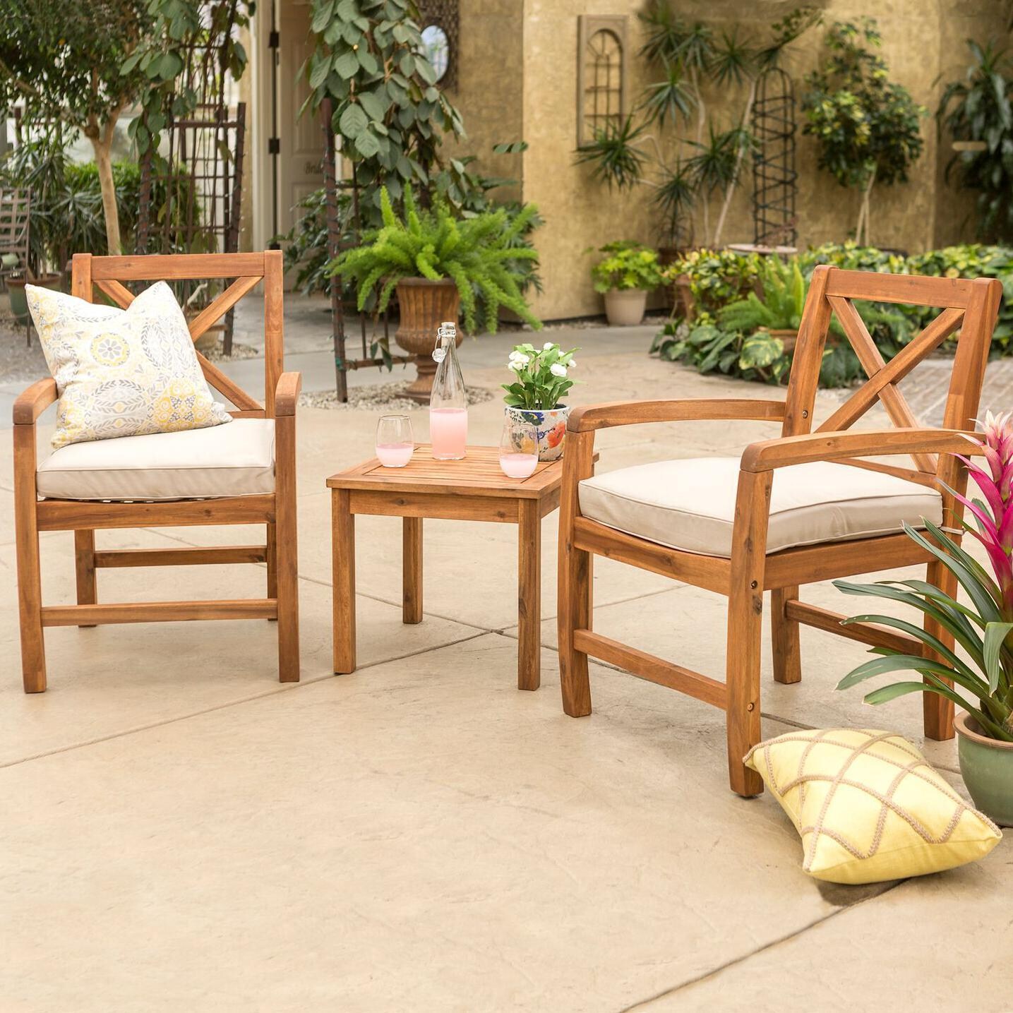 Ultimate Patio Camille Way 3 Piece Acacia Patio Conversation Set W/ Natural Cushions thumbnail