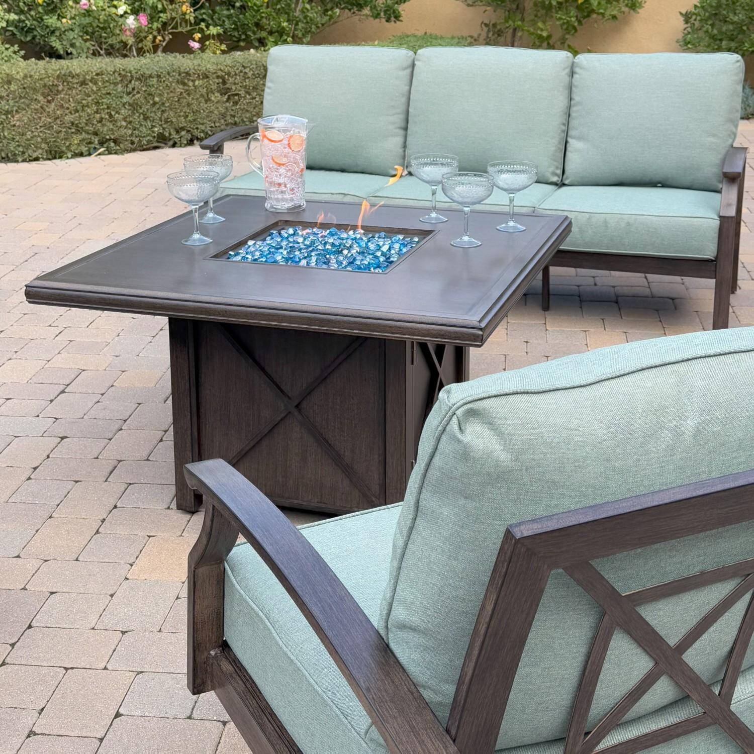 Atlantis 4 Pc Aluminum Fire Pit Seating Set w/ 2 Swivel Rocker Club Chairs & Sofa in Walnut/Spa by Darlee - Sofa & Table - Lifestyle thumbnail