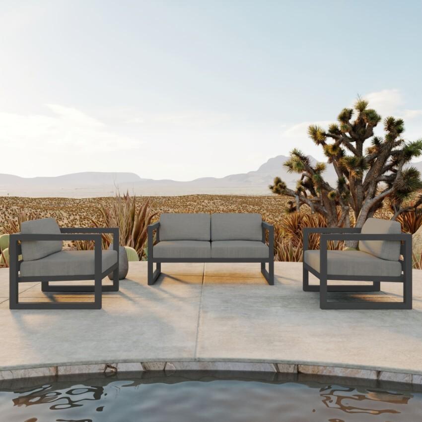 Lakeview Outdoor Designs Misty Cove 3 Pc Aluminum Seating Set w/ Loveseat in Slate/Canvas Charcoal by - MSTYCV-SL-3LSS-CC