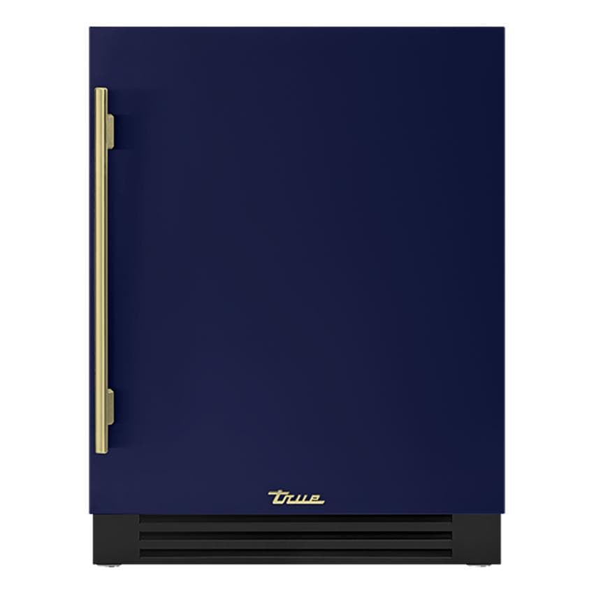 True TURADA-24-RS-A~078-H01 ADA Height 24 Inch 5 Cu. Ft. Right Hinge Outdoor Refrigerator in Cobalt w/ Brass Handles - White Background thumbnail