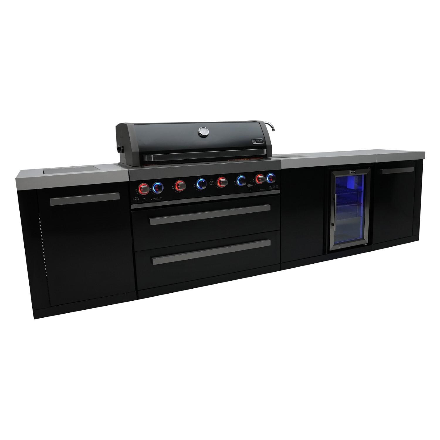 Mont Alpi - MAi805-BSSBEV - Deluxe Propane Gas Island Grill W/ Beverage Center, Infrared Side burner, and Rotisserie Kit - Black Stainless Steel - Closed Burners On Angled - White Background thumbnail