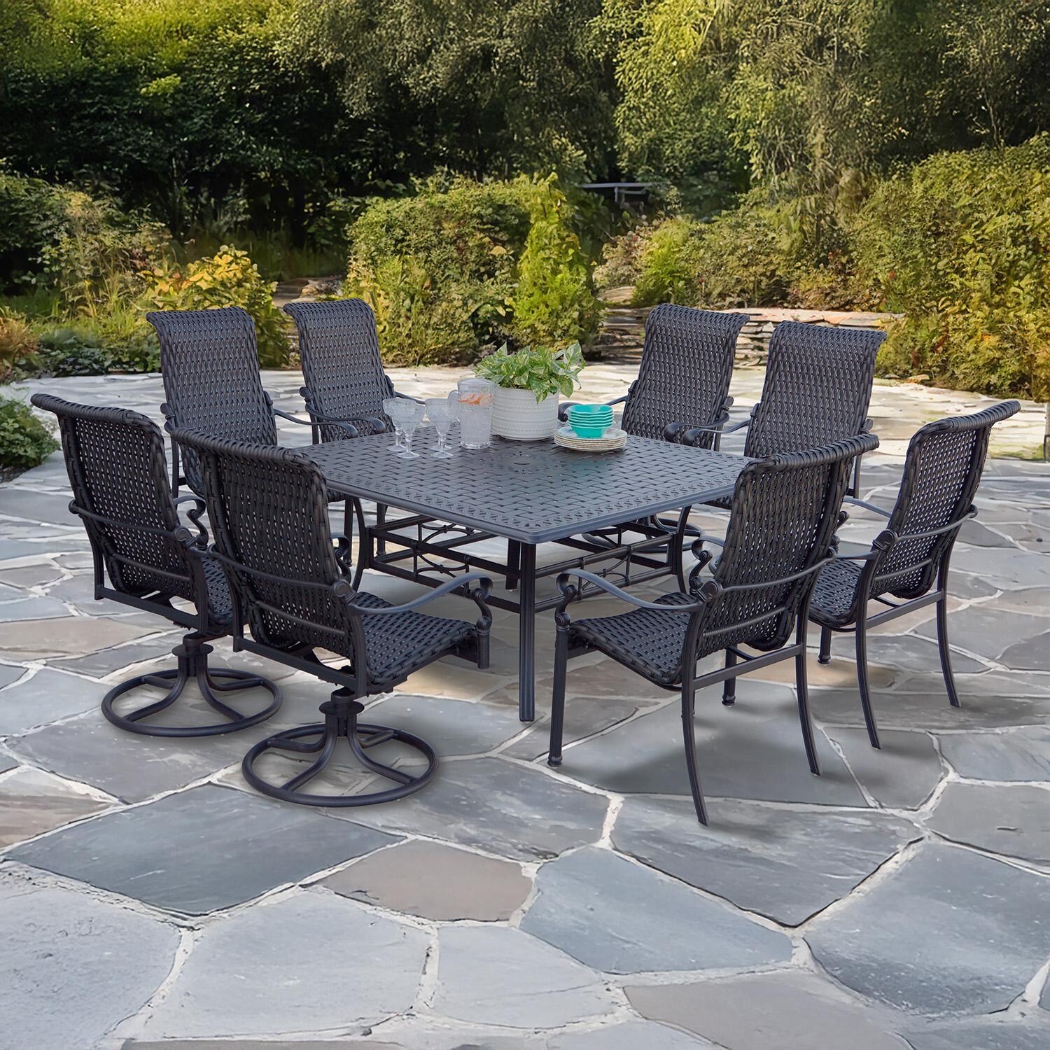 Darlee B/501210-9PCR-88W Victoria 9 Pc Cast Aluminum Dining Set w/ Rockers in Espresso - Set - Lifestyle thumbnail