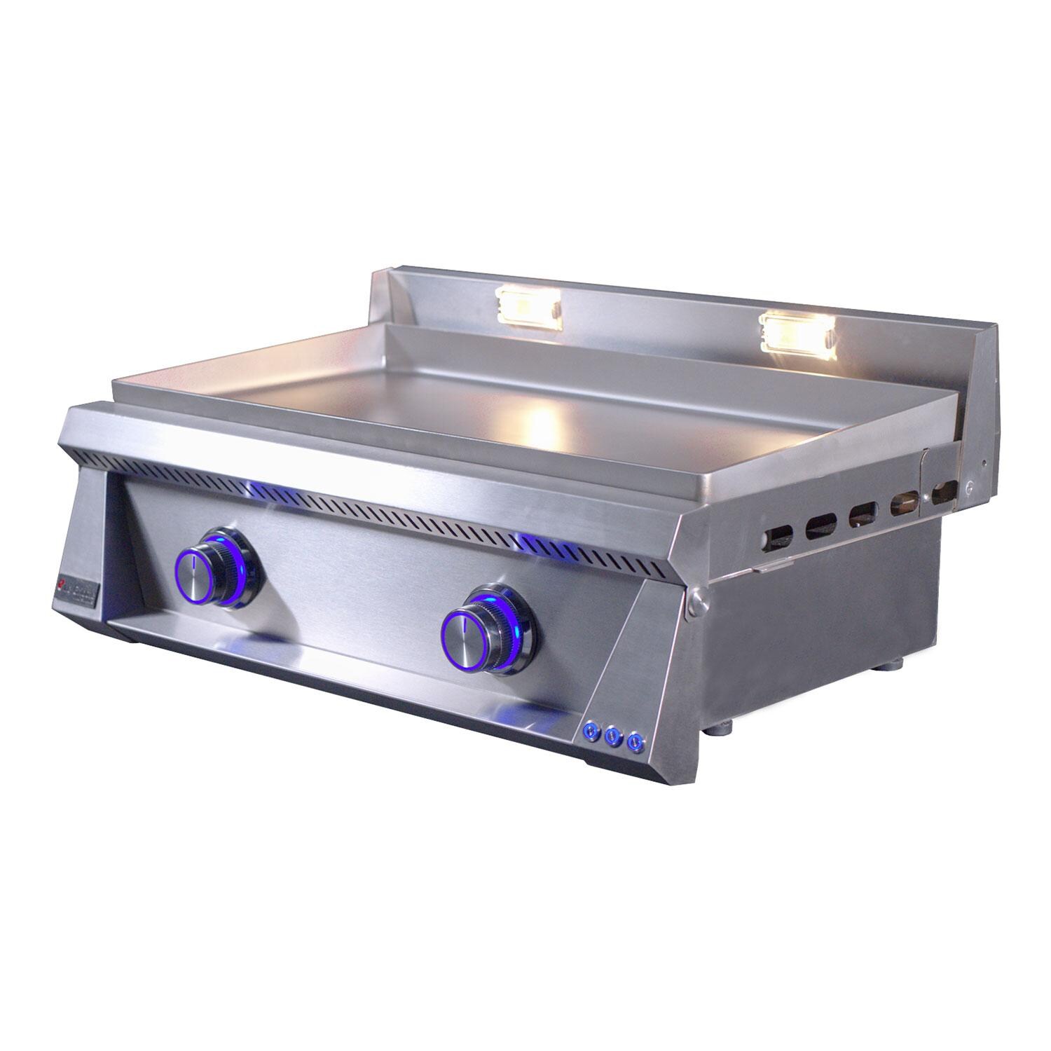Le Griddle OML75P6 LP Pro Series 75 2 Burner Built-In Propane Flat Top Grill w/ 6mm Plate - Control Valve OFF Blue LED Knob Lights - Side View - White Background thumbnail