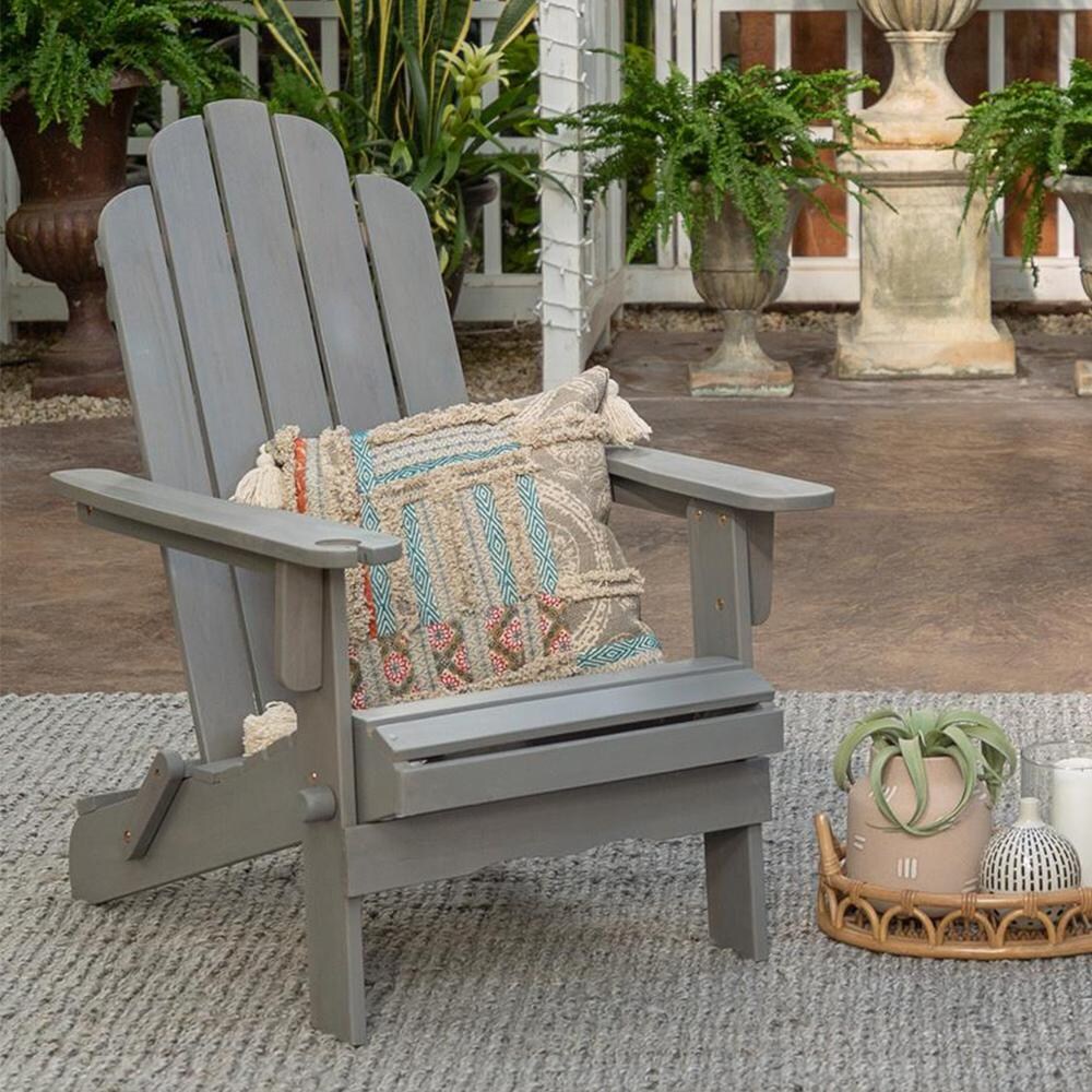 Walker Edison Folding Acacia Patio Adirondack Chair W/ Wine Glass Holder - Grey Wash image