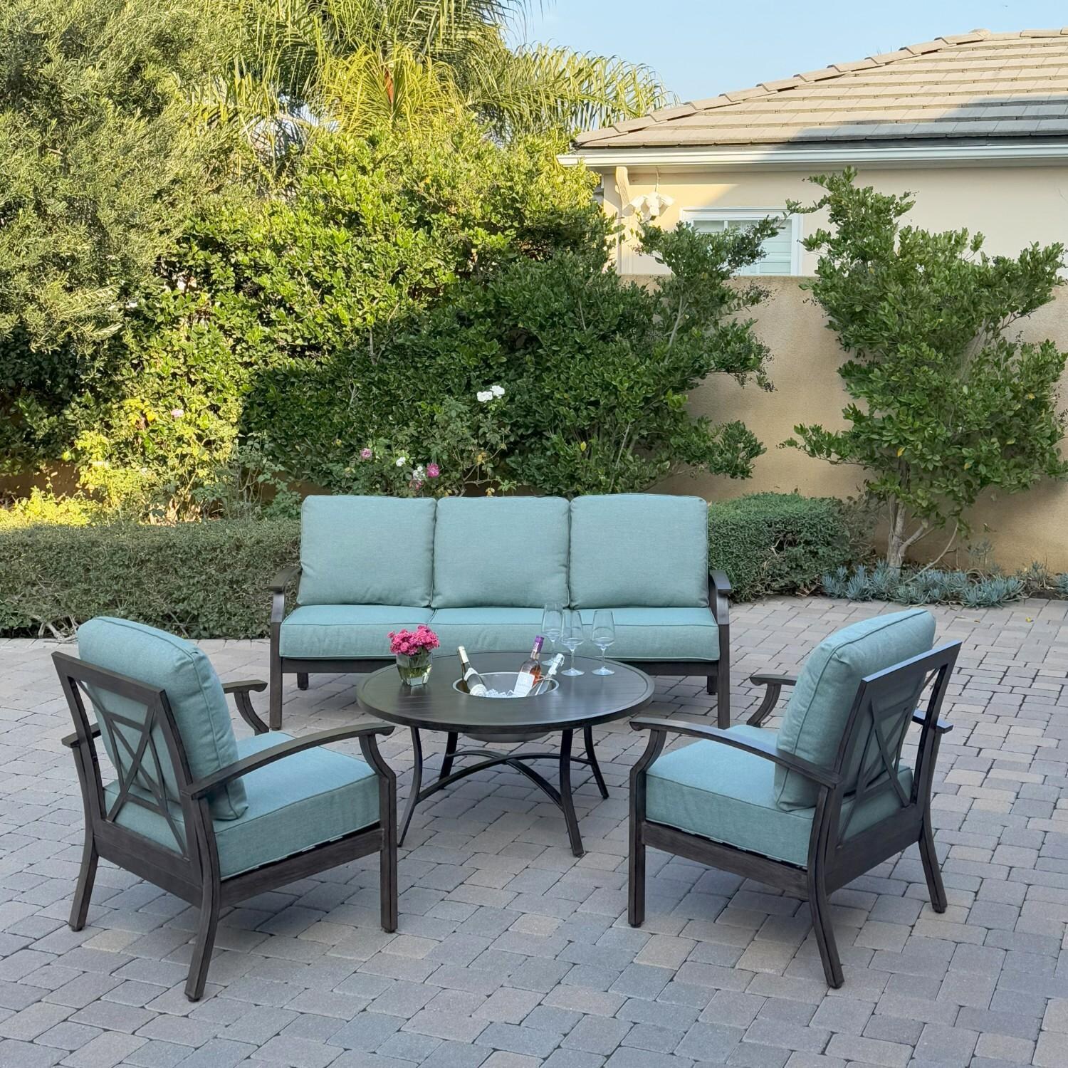 Atlantis 4 Pc Aluminum Seating Set w/ Sofa, 2 Club Chairs & Ice Bucket in Walnut/Spa by Darlee