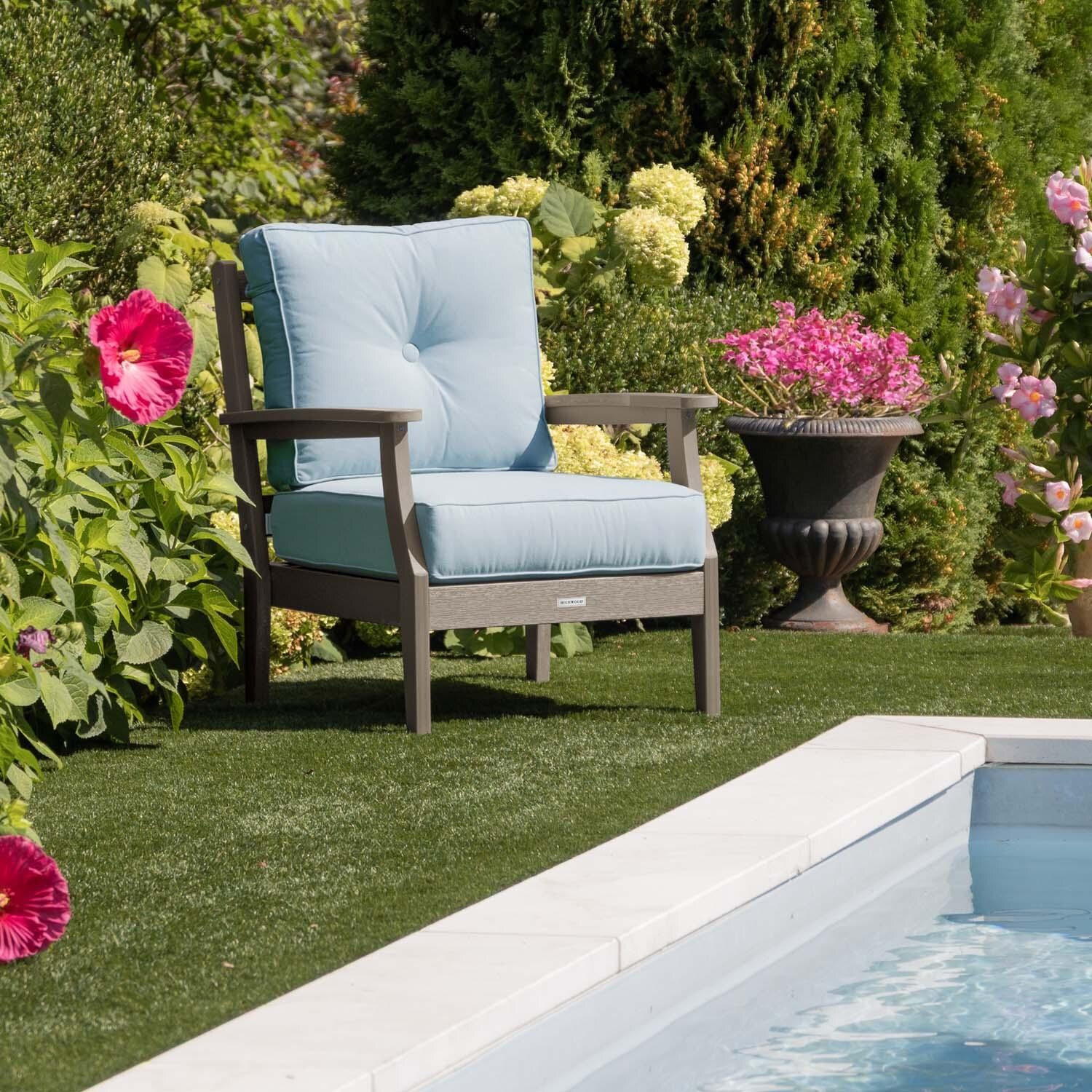 Blushing Bay Recycled Plastic Club Chair in Bliss Dew/Woodland Brown by Lakeview Outdoor Designs - In Garden - Lifestyle thumbnail