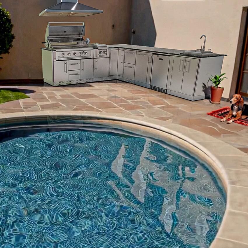 Sunstone Grills SCPRANCHER8.10BY11-LP Rancher 11 Ft Outdoor Kitchen Island w/ Propane Grill & Side Burner, Sink, Refrigerator, Trash Bin, Door & Drawer - By the Pool - Lifestyle thumbnail