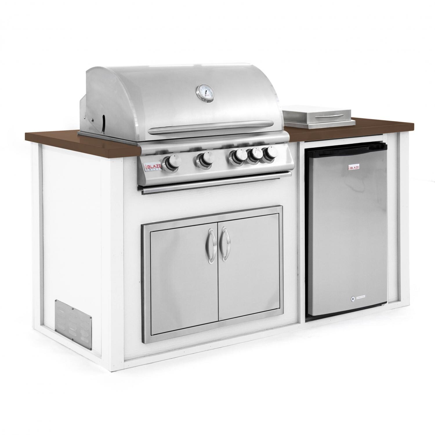BBQGuys.com 6 Ft BBQ Island With Blaze 32-Inch Propane Gas Grill, Double Access Door, Compact Refrigerator & Side Burner - White/Brown - Angled View thumbnail
