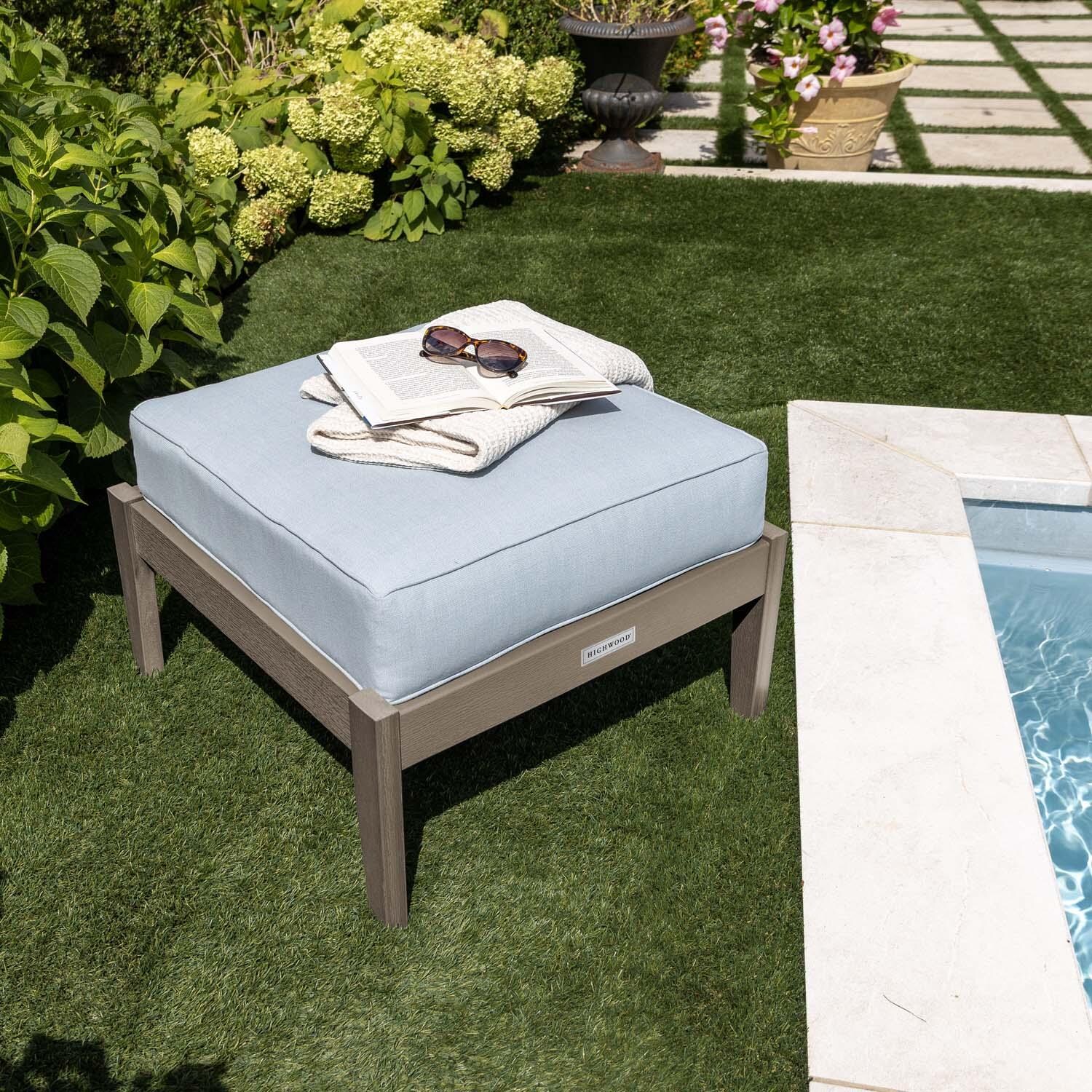 Blushing Bay Recycled Plastic Ottoman in Bliss Dew/Woodland Brown by Lakeview Outdoor Designs - By Pool Close Up - Lifestyle thumbnail
