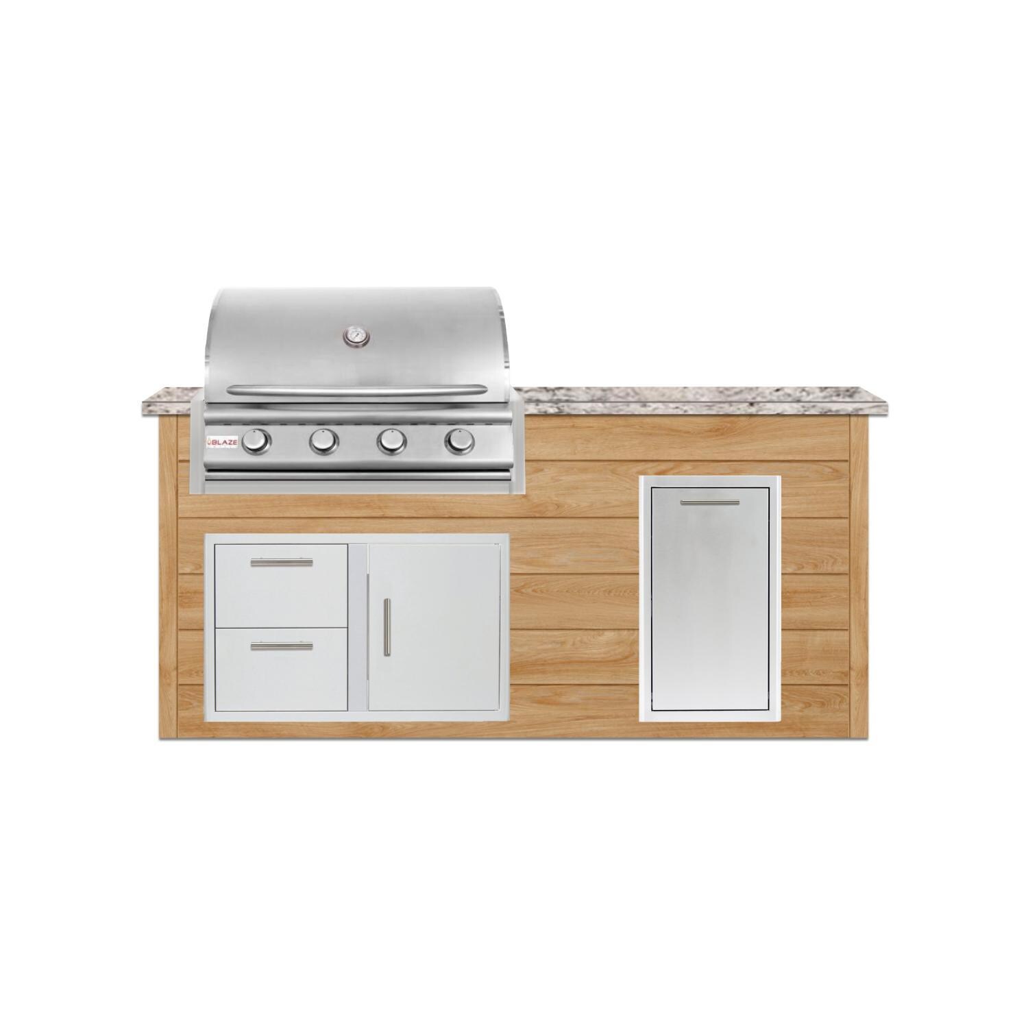 BBQGuys Signature 6 Ft Outdoor Kitchen Island w/ 32 Inch Natural Gas Blaze LBM Grill & Narrow Trash Bin | Sun Bleached Oak w/ White Granite