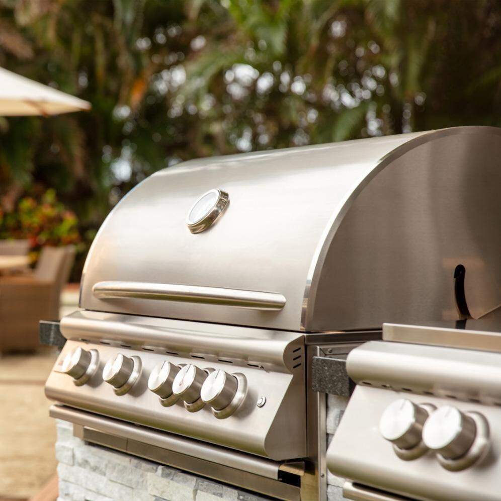 BBQGuys Signature 8 Ft Outdoor Kitchen Island w/ Blaze Premium LTE+ 32-Inch Natural Gas Grill, Premium LTE+ Power Burner, 24-Inch Beverage Cooler - Alaska Gray Stone w/ American Black Polished Granite - Grill - Lifestyle thumbnail