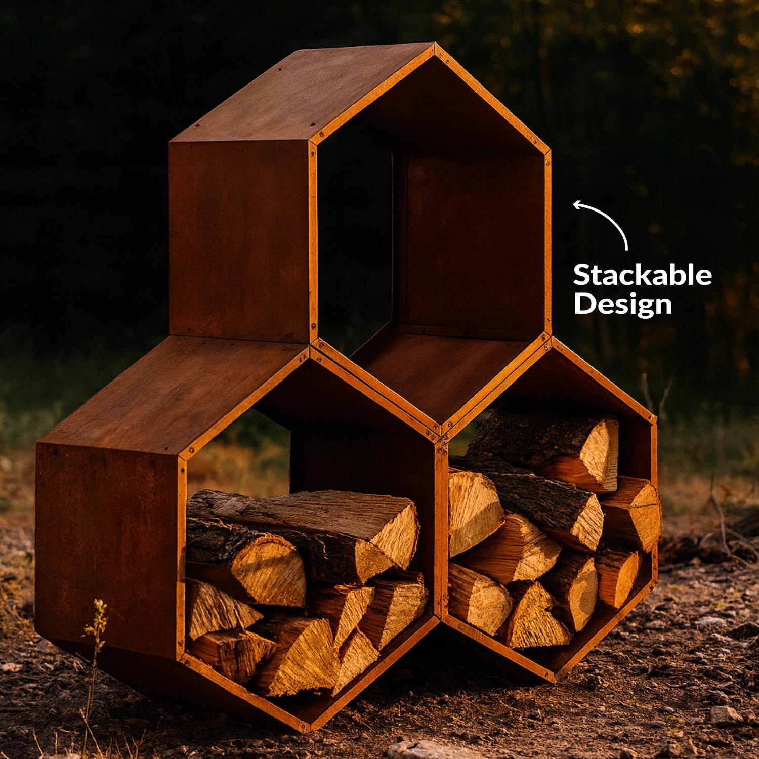 Ultimate Patio 30-Inch Hexagon Rustic Honeycomb Log Rack - Stackable Design - Lifestyle thumbnail