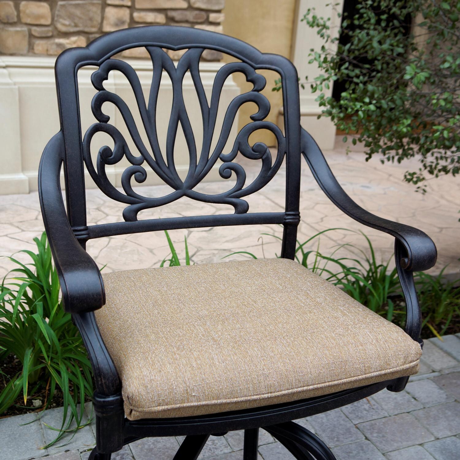 Elisabeth Cast Aluminum Patio Swivel Bar Stool W/ Sesame Cushion By Darlee - Close Up thumbnail