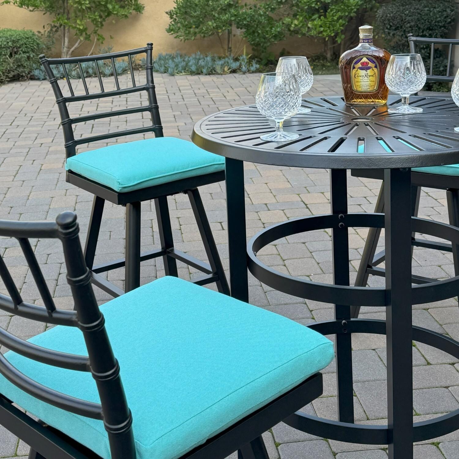 Bella 2 Pc Aluminum Swivel Counter Height Bar Stool Set in Blue/Dark Brown by Darlee - Side View - Lifestyle thumbnail