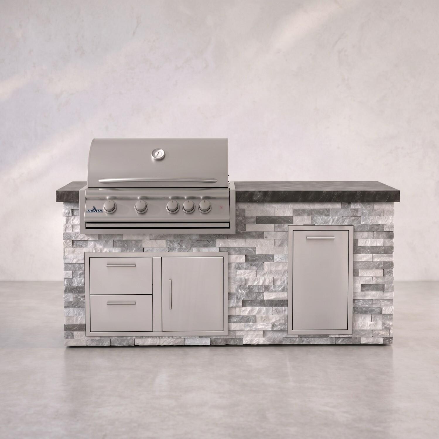 BBQGuys Signature 6 Ft Grill Island w/ 32 Inch Propane Blaze Premium LTE+ Grill, Narrow Trash Bin & Door & Drawer | Alaska Gray w/ Black Granite - Front - White Background thumbnail