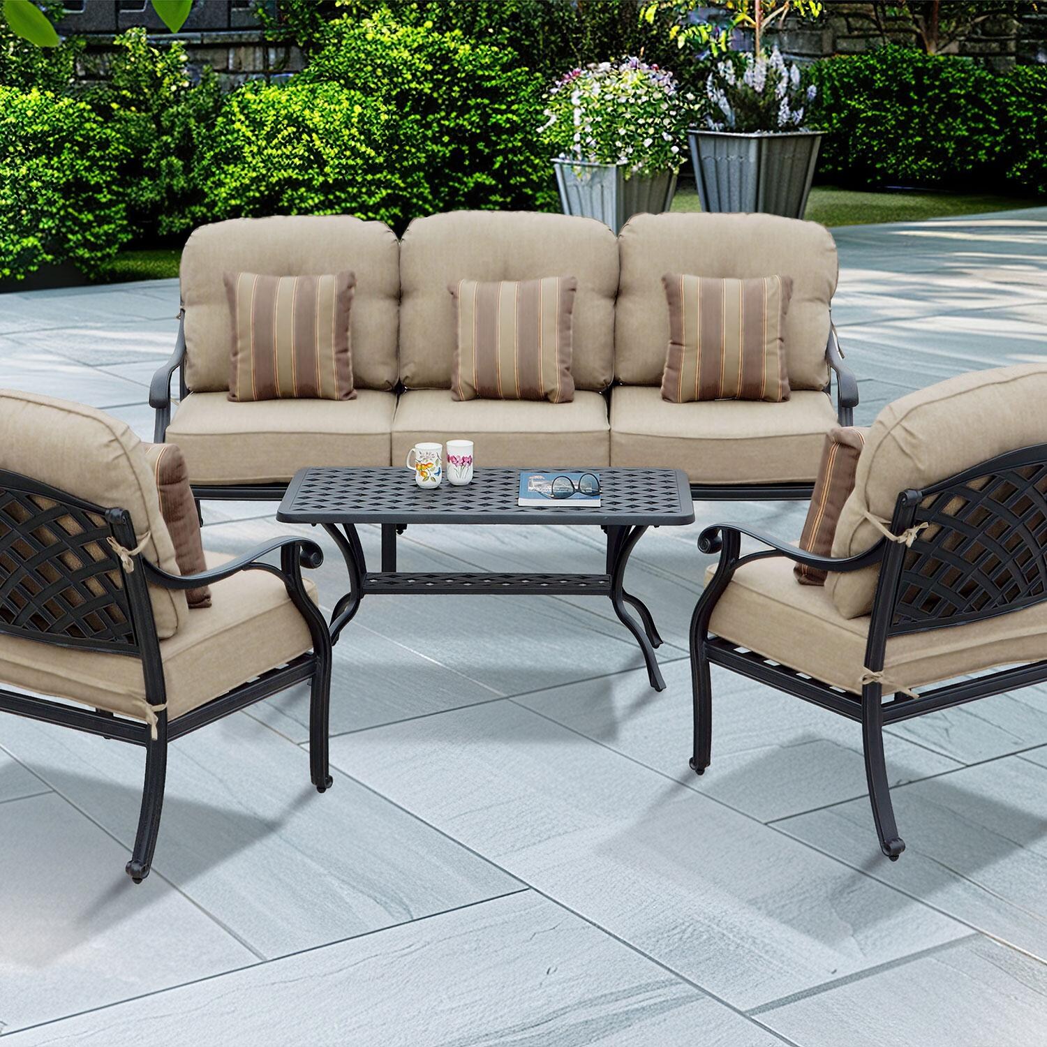 Nassau 4 Pc Cast Aluminum Seating Set w/ 42 X 21 Inch Series 30 Table & Throw Pillows in Antique Bronze/Sesame by Darlee
