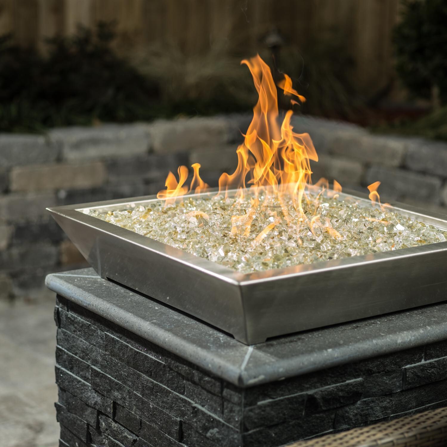 BBQGuys Signature Series Westfalen 24-Inch Square Low-Rise Propane Fire Bowl - Stainless Steel - Angled - Shown with 1/2 inch White Gold Reflective Fire Glass (Sold Separately) thumbnail