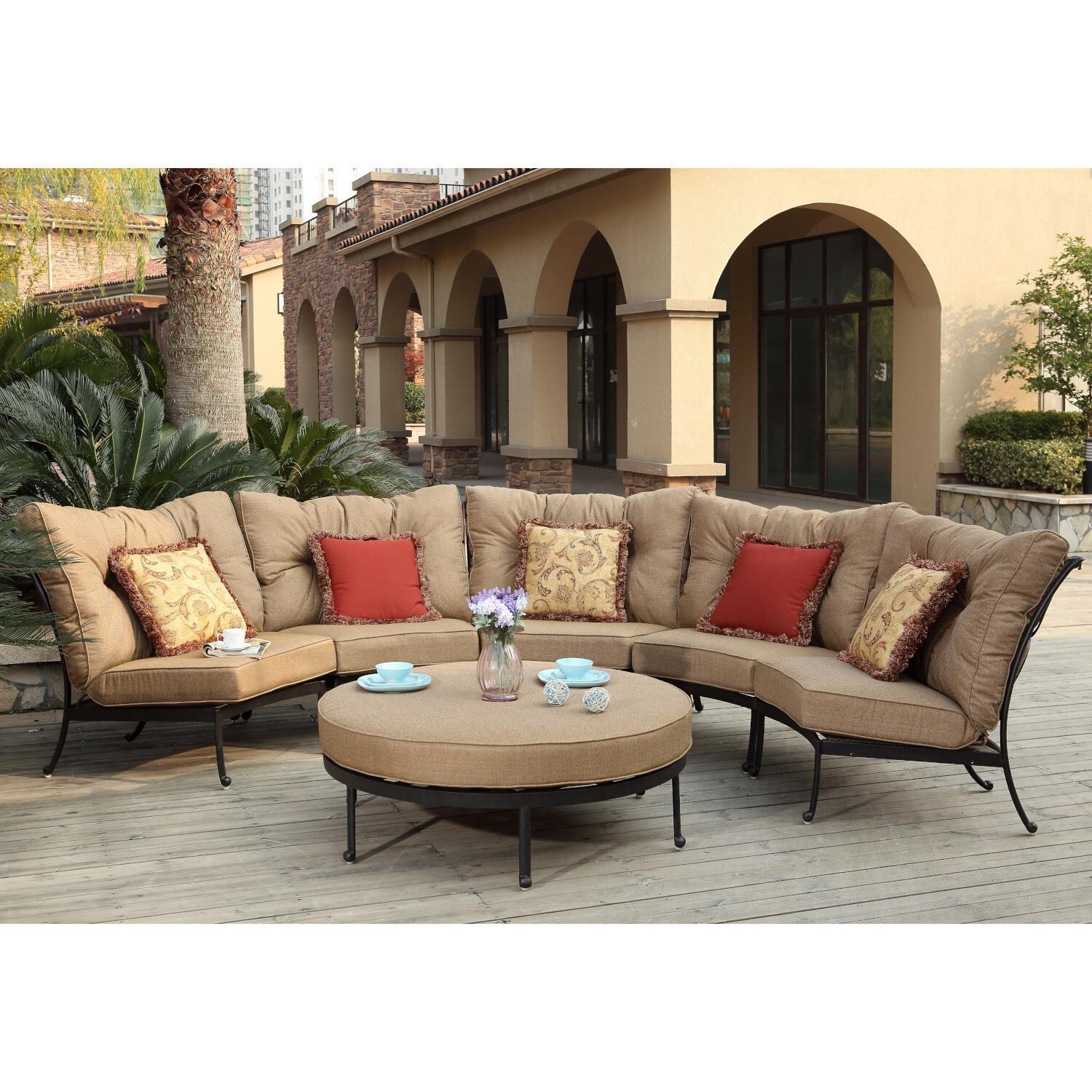 Santa Anita 6 Pc Cast Aluminum Patio Sectional Sofa w/ Round Ottoman & Heather Beige Sunbrella Cushions By Darlee - Back Patio - Full View (Pillows Not Included) - Lifestyle thumbnail