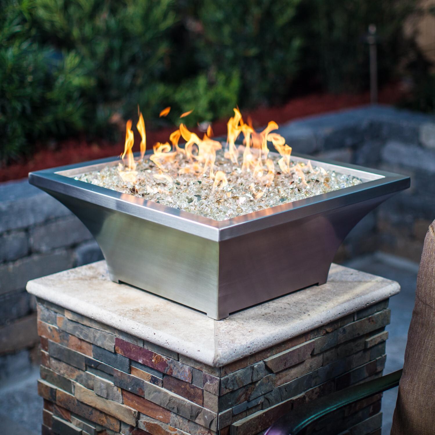 BBQGuys Signature Series Lavelle 24-Inch Square High-Rise Natural Gas Fire Bowl - Stainless Steel - In Use - Shown with 1/2 inch White Gold Reflective Fire Glass thumbnail