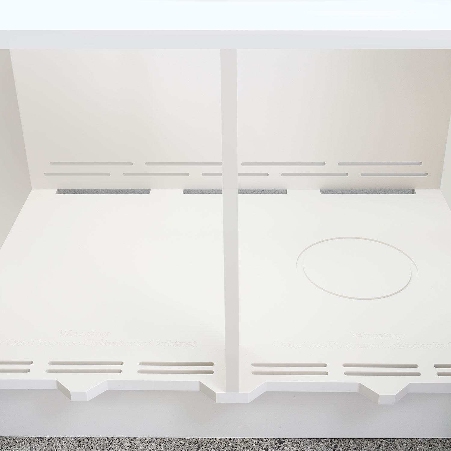 Bull Myrtle Beach DuraBull 8 Ft Outdoor Kitchen Island w/ Angus 30-in Propane Grill, Refrigerator, & Trash Bin in Symphony Blue Galaxy/White Granite - Cabinet Storage - Interior - White Background thumbnail