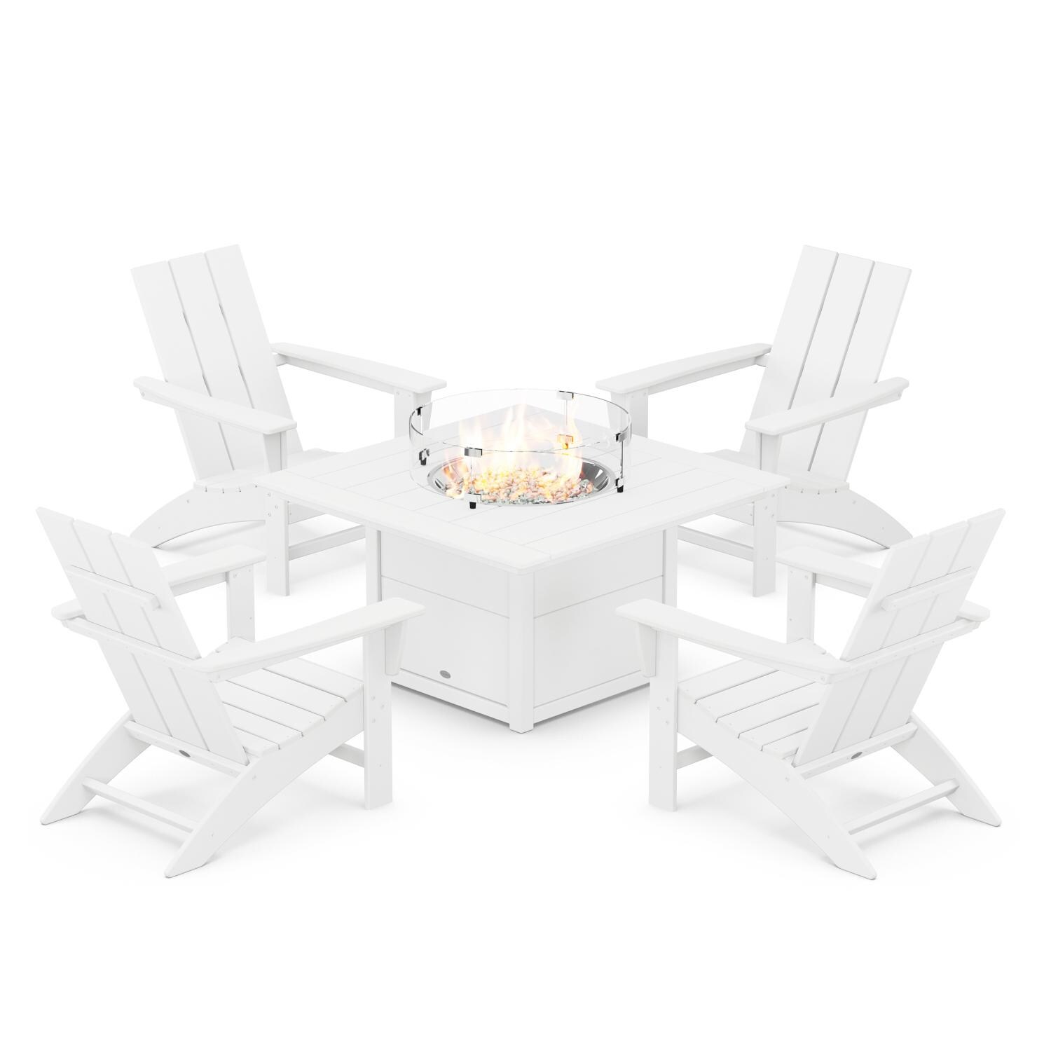 Modern Adirondack 5 Pc Recycled Plastic Fire Pit Seating Set in White by POLYWOOD