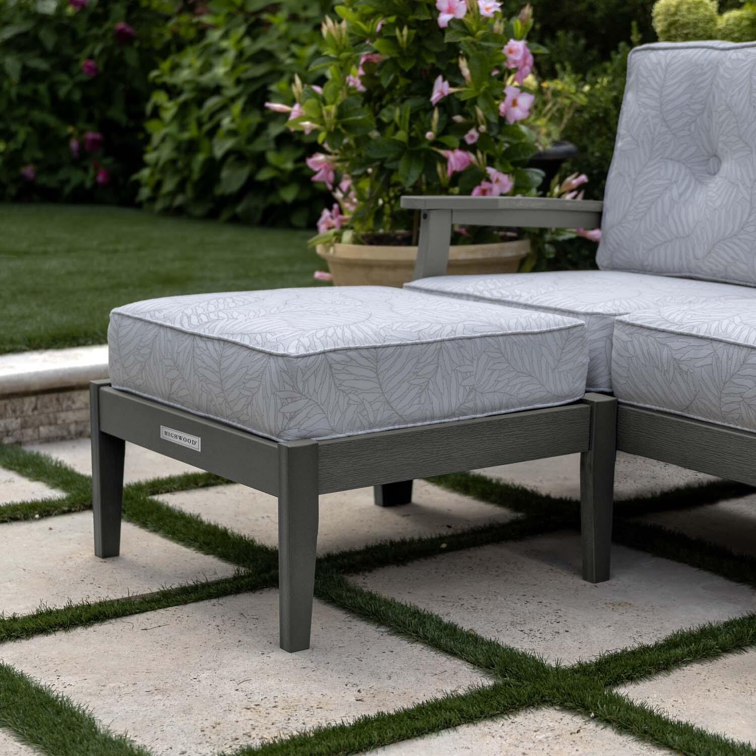 Blushing Bay Recycled Plastic Ottoman in Lively Parchment/Coastal Teak by Lakeview Outdoor Designs - Shown w/ Chair (Not Included) - Lifestyle thumbnail