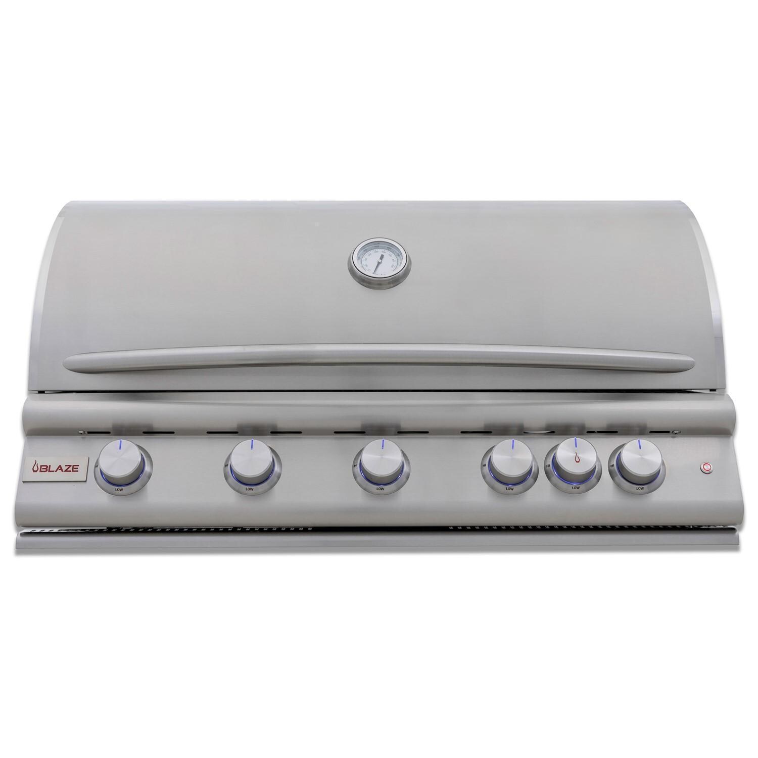 Blaze BLZ-5LTE3-NG LTE+ 40-in 5-Burner Built-In Natural Gas Grill w/ Rear Infrared Burner & Lift-Assist Hood - Front View - Closed - White Background thumbnail
