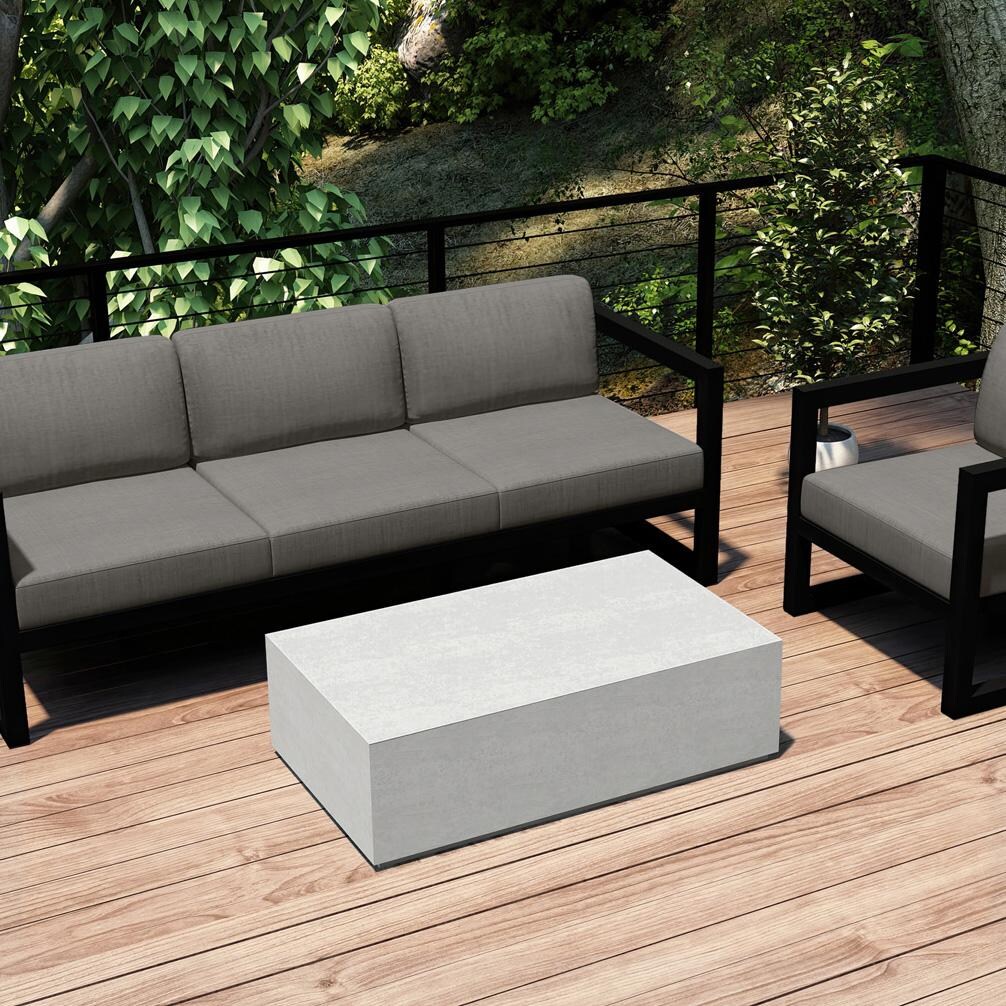 Lakeview MSTYMAS-BK-3SS-CC Misty Cove 3 Pc Aluminum Seating Set in Black w/Mason Coffee Table & Canvas Charcoal Cushions by Lakeview Outdoor Designs - Set on Patio Cropped - Lifestyle thumbnail