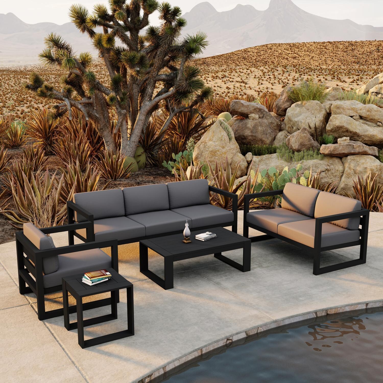 Lakeview MSTYCV-BK-5SS-CC Misty Cove 5 Pc Aluminum Seating Set in Black w/Portal Coffee Table & Canvas Charcoal Cushions by Lakeview Outdoor Designs - Set By The Pool - Lifestyle thumbnail