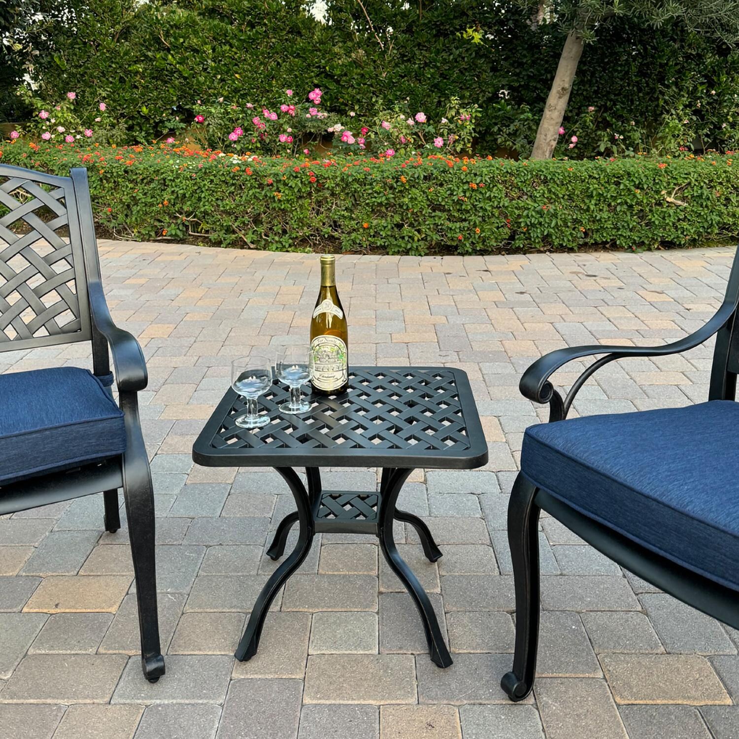 Darlee B/DL13-3PC-30A-N Nassau 3 Pc Cast Aluminum Conversation Set in Antique Bronze w/ Navy Cushions - Set Up Close - Lifestyle thumbnail