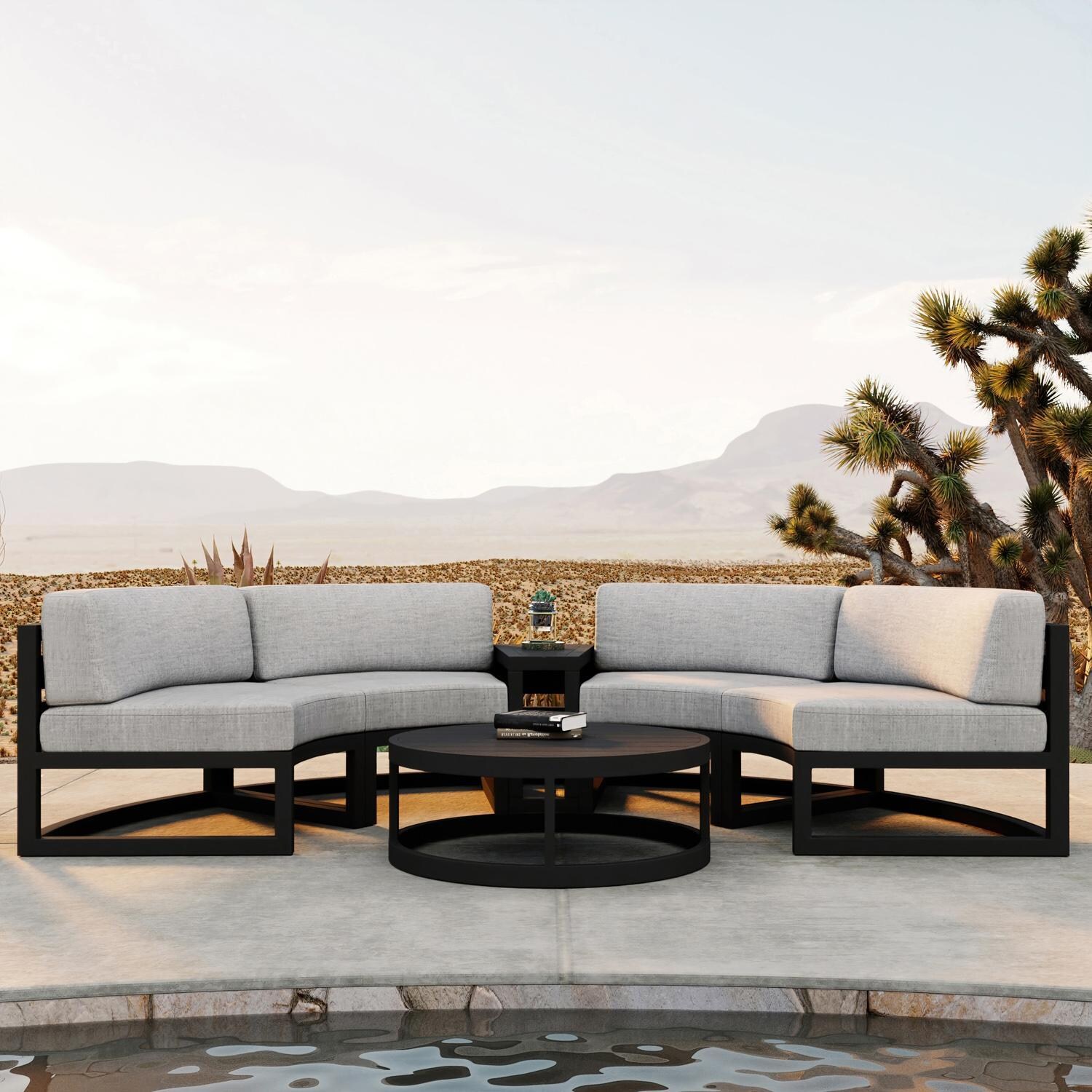 Lakeview MSTYCV-BK-4CSEC-CS Misty Cove 4 Pc Aluminum Curve Sectional Set in Black w/Coffee Table & Cast Silver Cushions by Lakeview Outdoor Designs - By the Pool - Lifestyle thumbnail