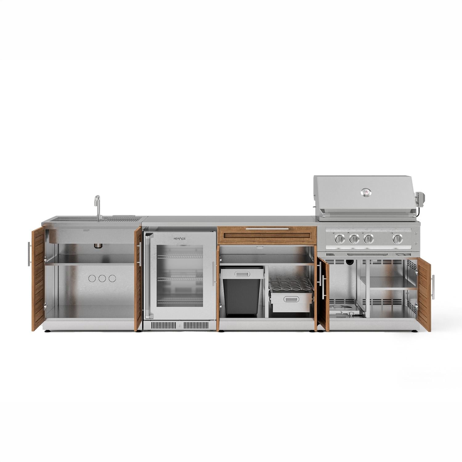 NewAge Products 66391 Classic Series 10 Ft Outdoor Kitchen Island w/ 33-in Propane Grill, Sink, Glass Door Refrigerator, Trash Bin, Door & Drawer in Grove/Stainless Steel - Open - White Background thumbnail