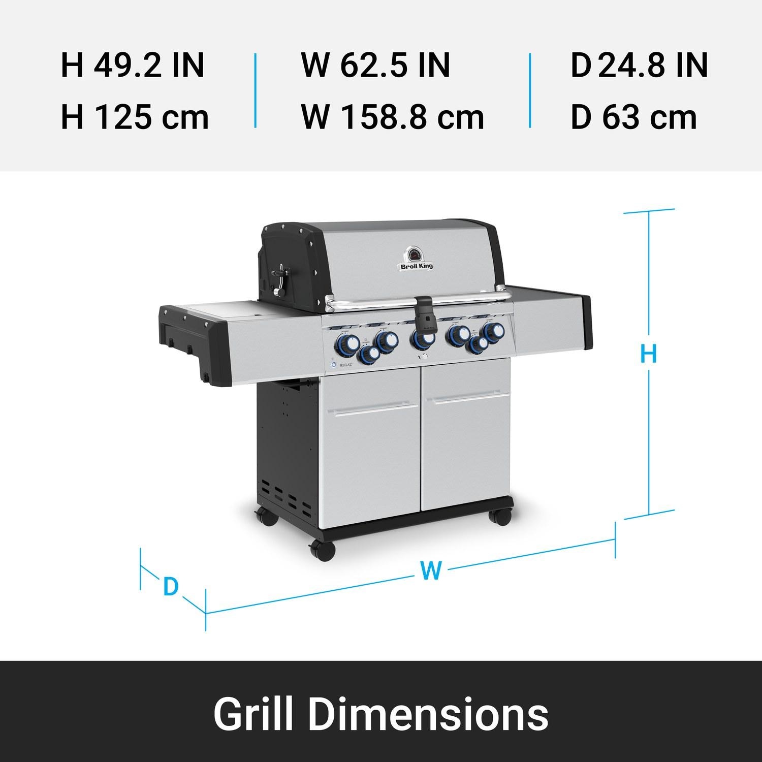Broil King 958944 Regal S 590 PRO IR 5-Burner Propane Gas Grill With Rotisserie & Infrared Side Burner - Stainless Steel - Grill Dimensions - Dimensional thumbnail