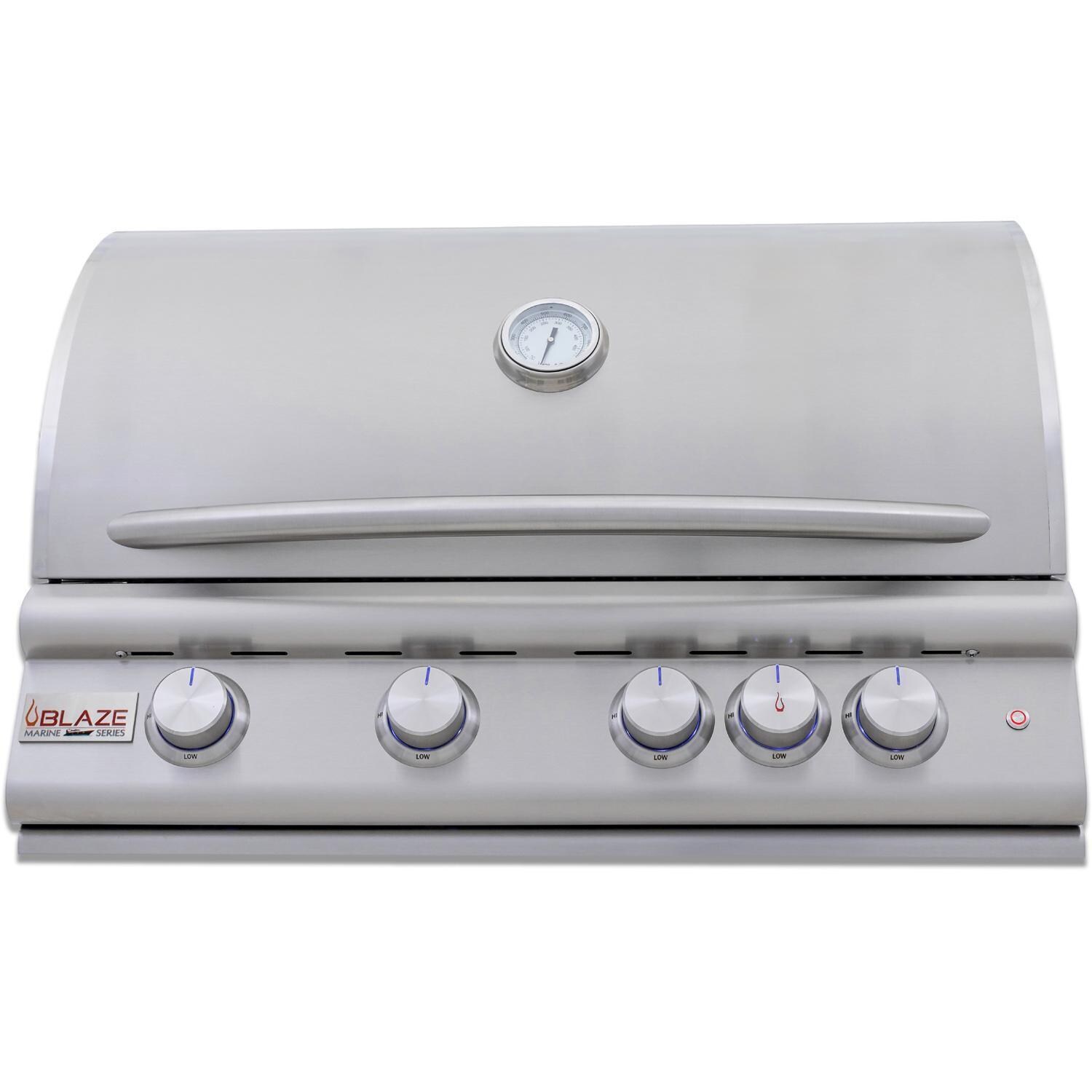 Blaze BLZ-4LTE3MG-NG Premium LTE+ Marine Grade 32-Inch 4-Burner Built-In Natural Gas Grill With Rear Infrared Burner & Lift-Assist Hood - Front View - Closed - White Background thumbnail