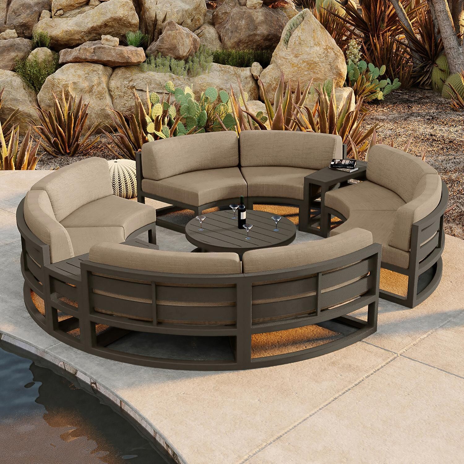Misty Cove 7 Piece Curve Sectional Set in Slate w/Coffee Table & Heather Beige Cushions by Lakeview - By the Water - Lifestyle thumbnail