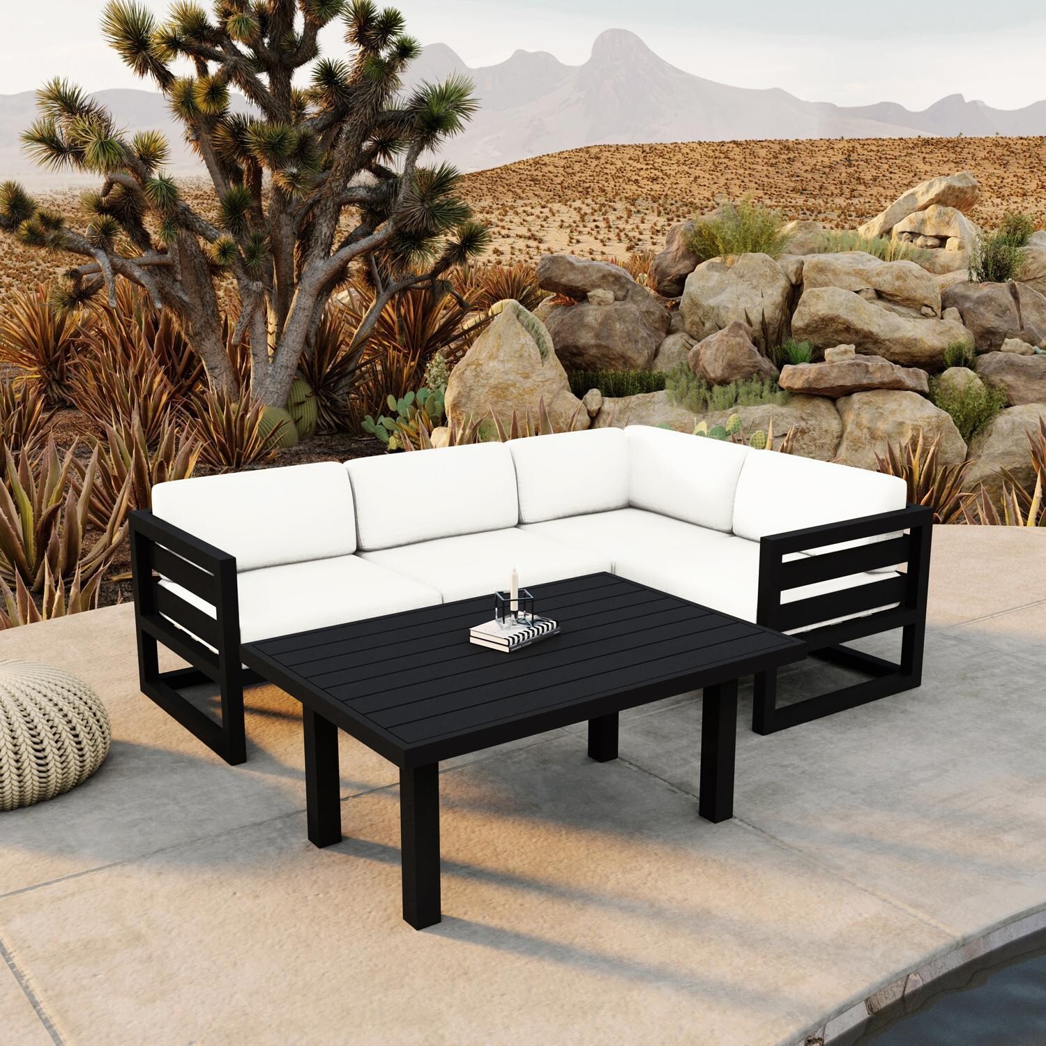 Lakeview MSTYCV-BK-SET203-CN Misty Cove 5 Pc Aluminum Sectional Set in Black w/Chat Table & Canvas Natural Cushions by Lakeview Outdoor Designs - By the Pool - Lifestyle thumbnail