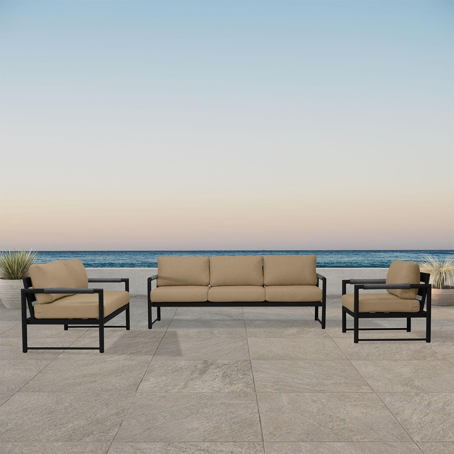 Lakeview AVEBAY-BK-CO-SET143-HB Avenue Bay Black/Carbon 3 Pc Sofa Loveseat Set - Heather Beige - On Patio - Lifestyle thumbnail