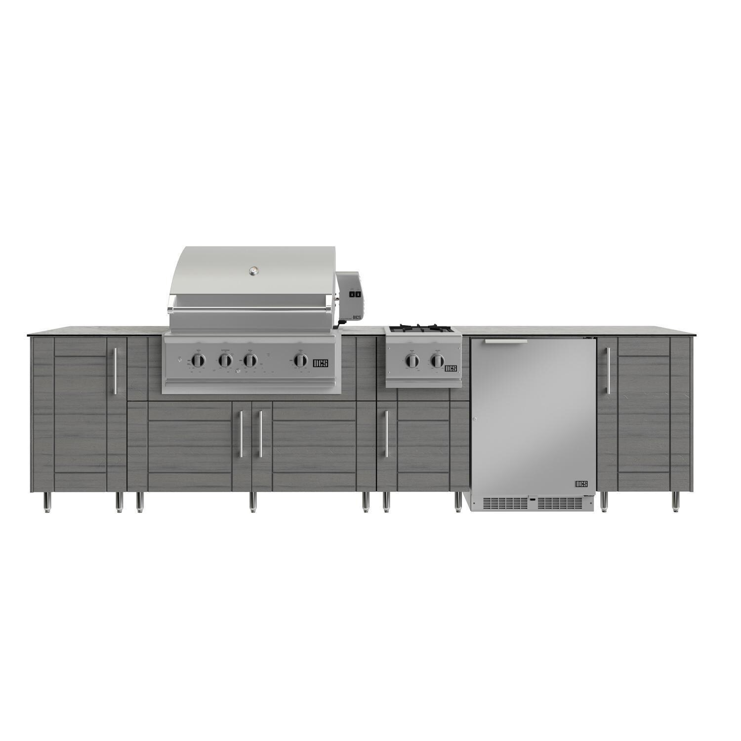 WeatherStrong Nassau 10 1/2 Ft Outdoor Kitchen Island w/ DCS Natural Gas Grill, Side Burner & Refrigerator in Dark Ash/Glacier Frost - Island - White Background thumbnail