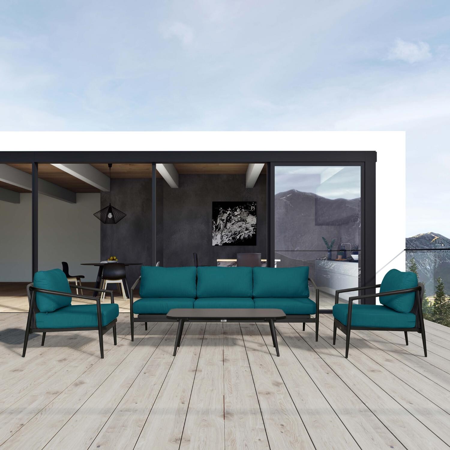 Midnight Cove 4 Pc Aluminum Seating Set w/ Sofa in Black/Spectrum Peacock by Lakeview Outdoor Designs